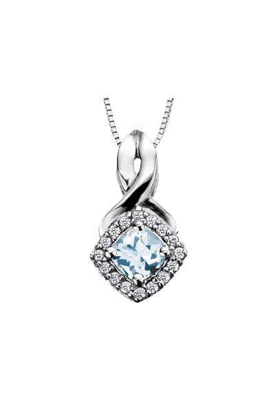 10K White Gold Aquamarine and Diamond Halo Pendant with Chain