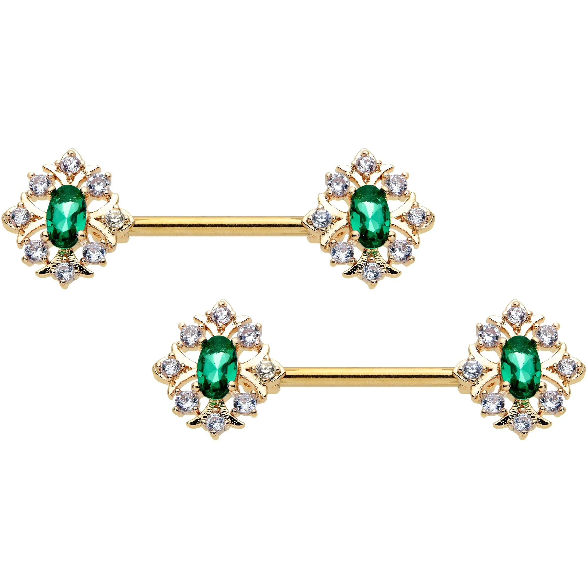 14 Gauge 1/2 Clear Green Gem Gold Hue Art Deco Barbell Nipple Ring Set
