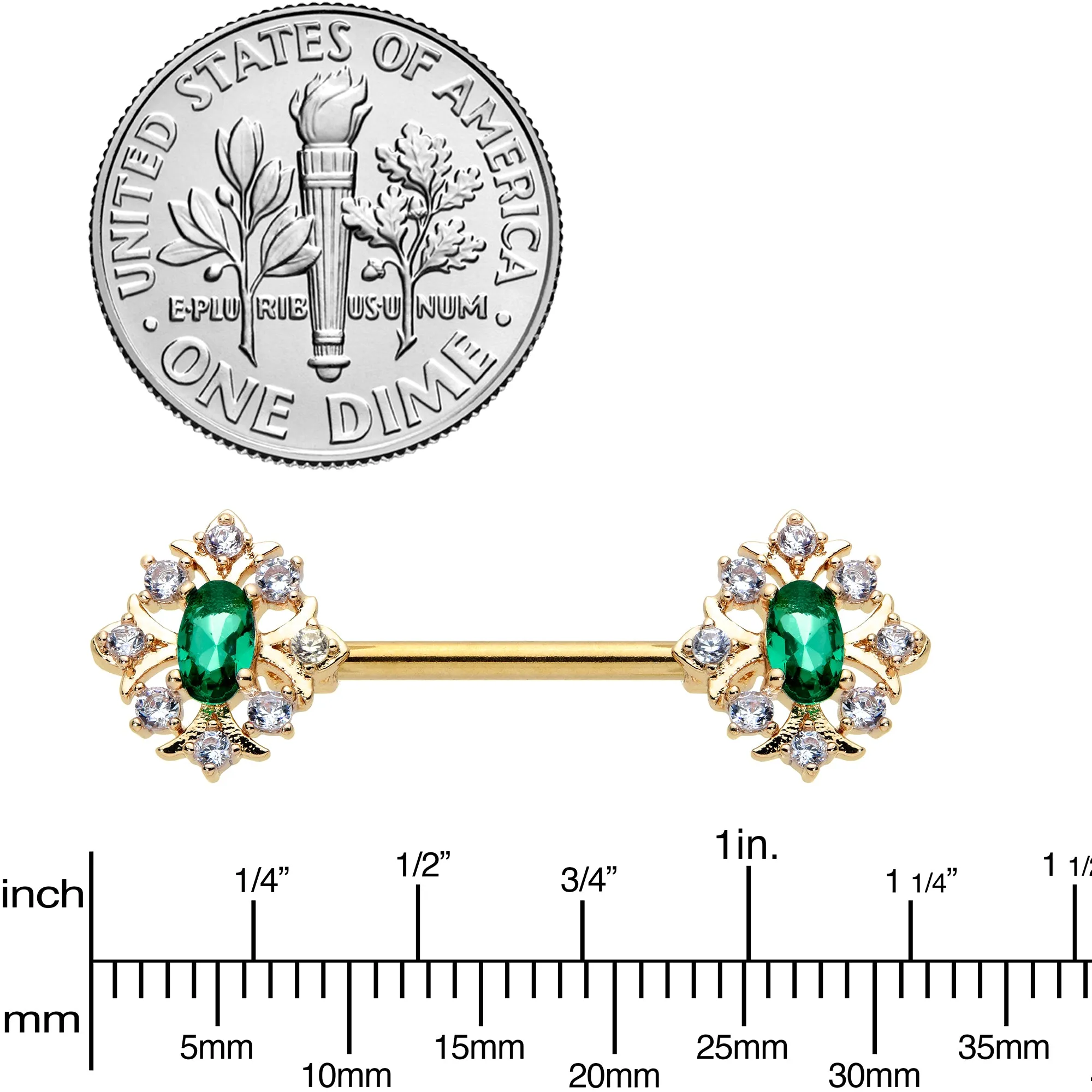 14 Gauge 1/2 Clear Green Gem Gold Hue Art Deco Barbell Nipple Ring Set