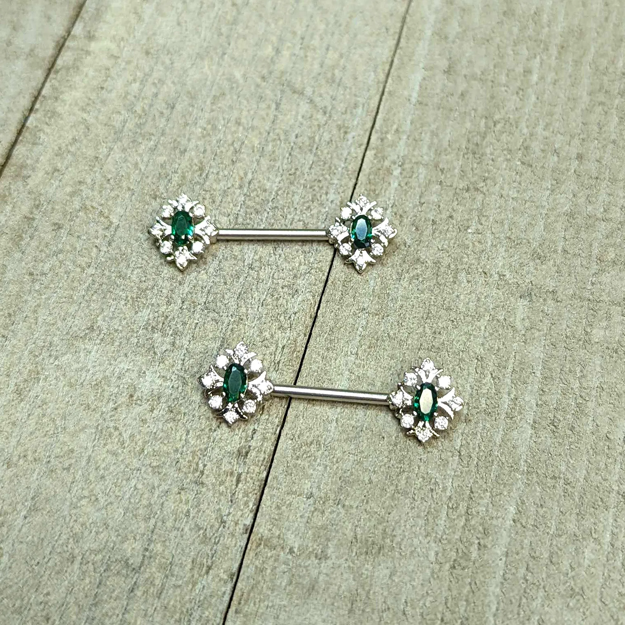 14 Gauge 9/16 Clear Green Gem Ornate Art Deco Barbell Nipple Ring Set