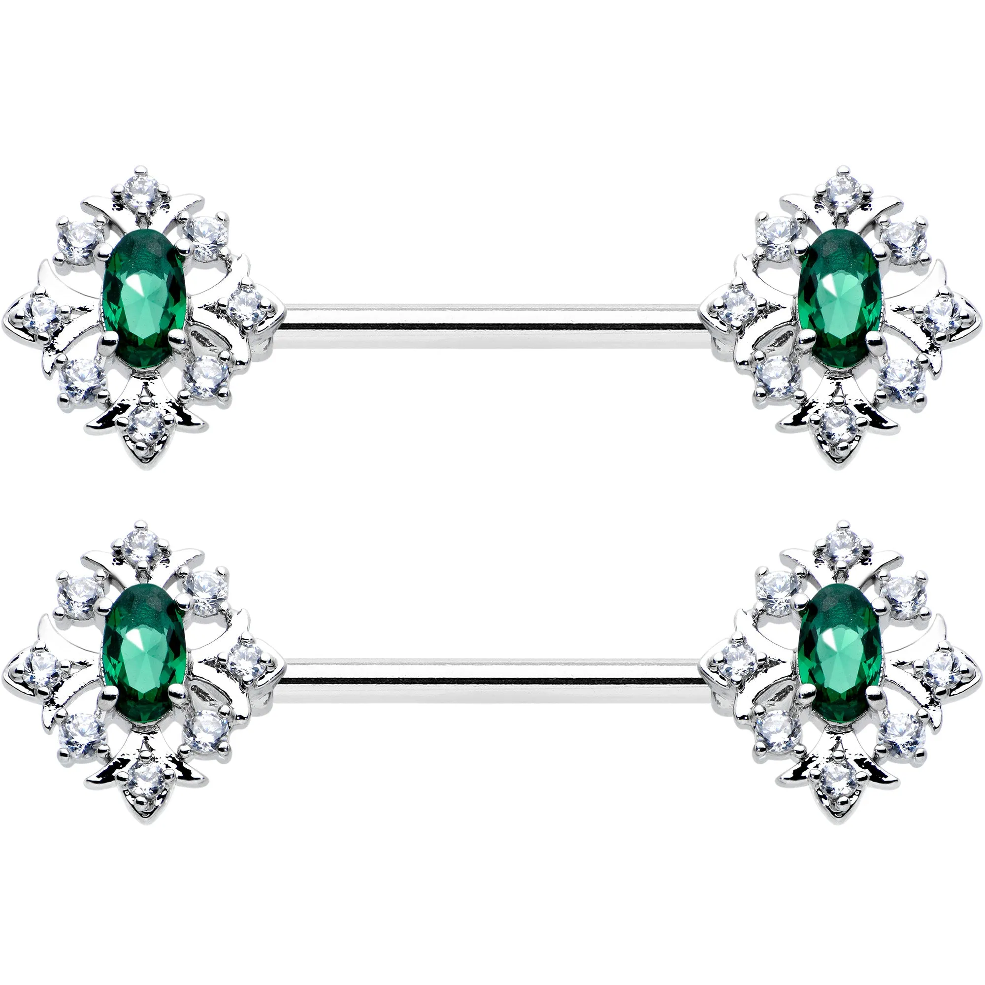 14 Gauge 9/16 Clear Green Gem Ornate Art Deco Barbell Nipple Ring Set