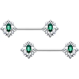 14 Gauge 9/16 Clear Green Gem Ornate Art Deco Barbell Nipple Ring Set