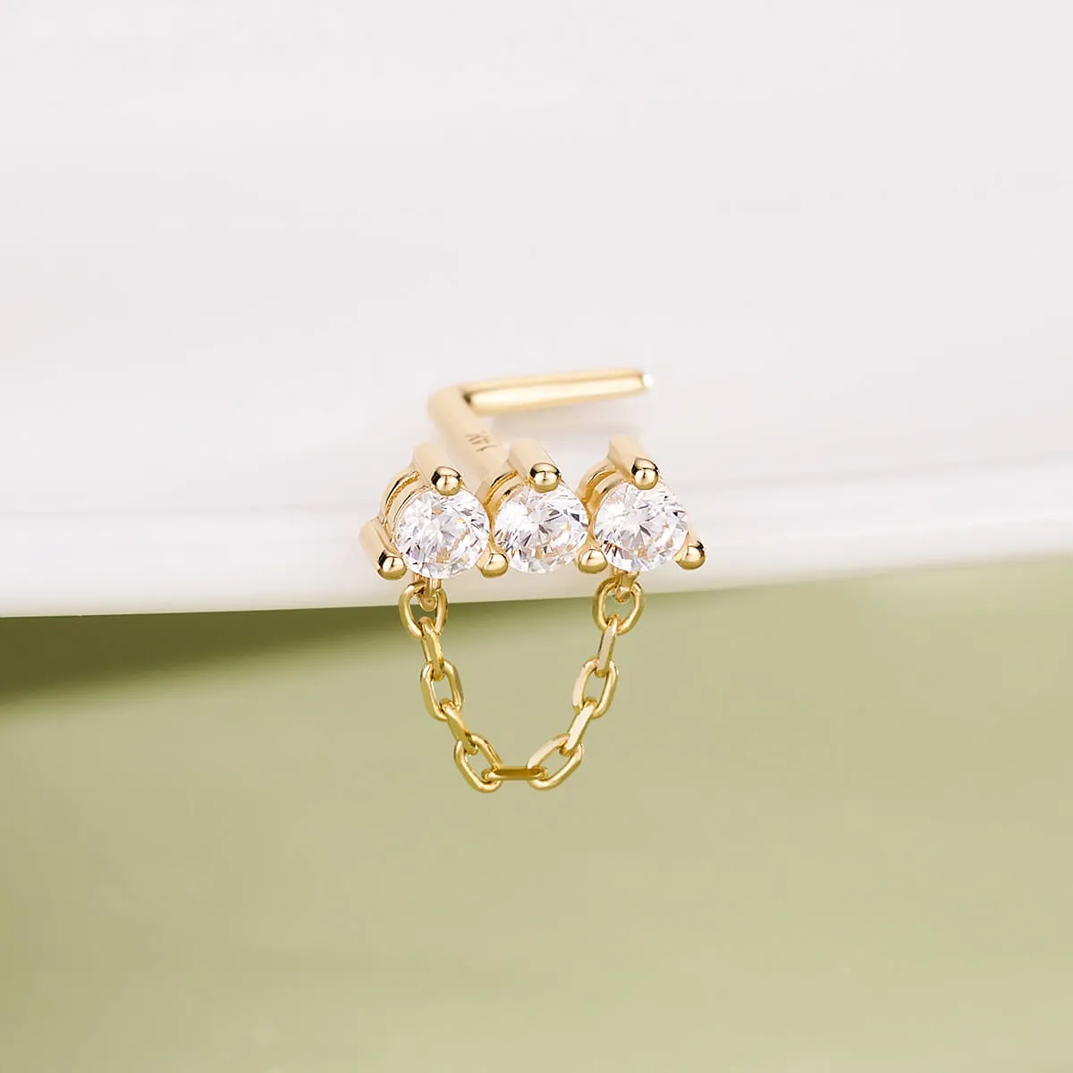 14K Solid Gold Straight Clear CZ Row Chain Dangle L-Shaped Nose Stud