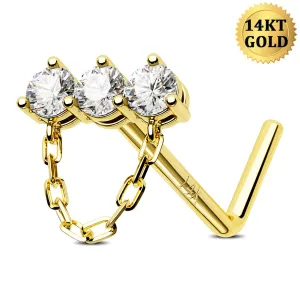 14K Solid Gold Straight Clear CZ Row Chain Dangle L-Shaped Nose Stud