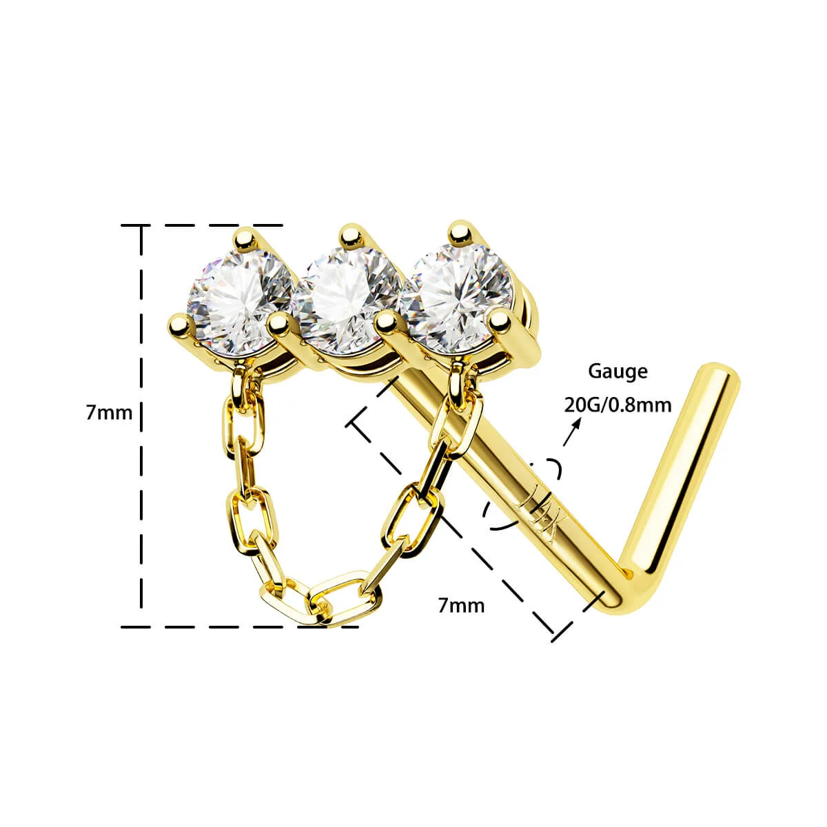 14K Solid Gold Straight Clear CZ Row Chain Dangle L-Shaped Nose Stud
