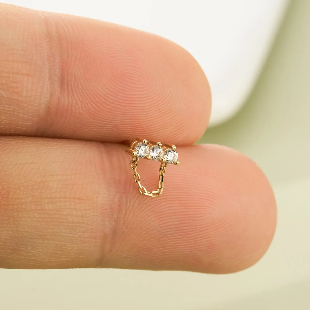 14K Solid Gold Straight Clear CZ Row Chain Dangle L-Shaped Nose Stud