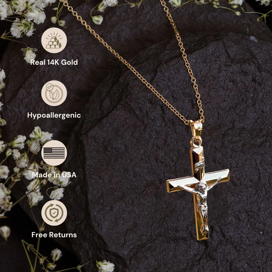 14K TWO-TONE GOLD INRI CRUCIFIX PENDANT
