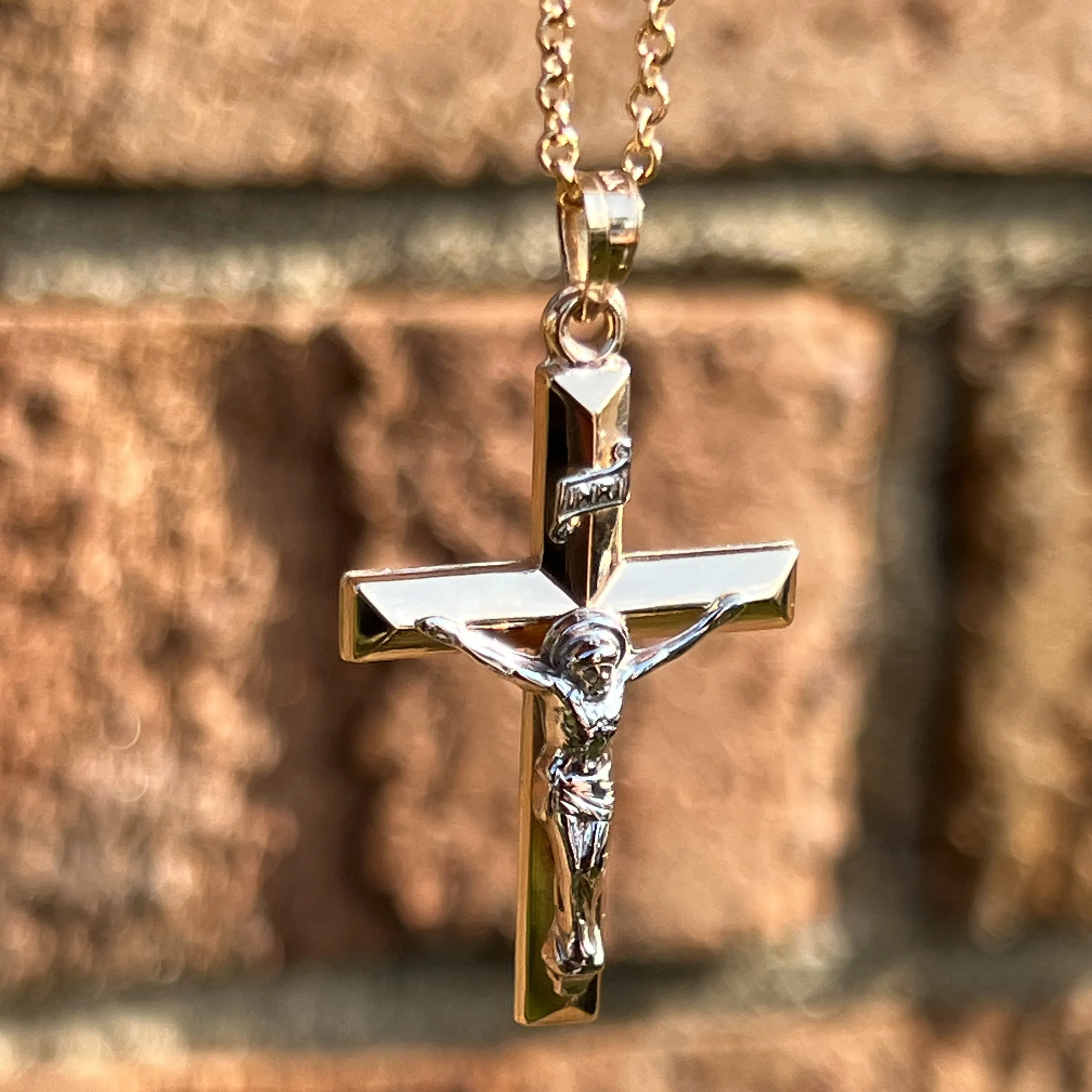 14K TWO-TONE GOLD INRI CRUCIFIX PENDANT