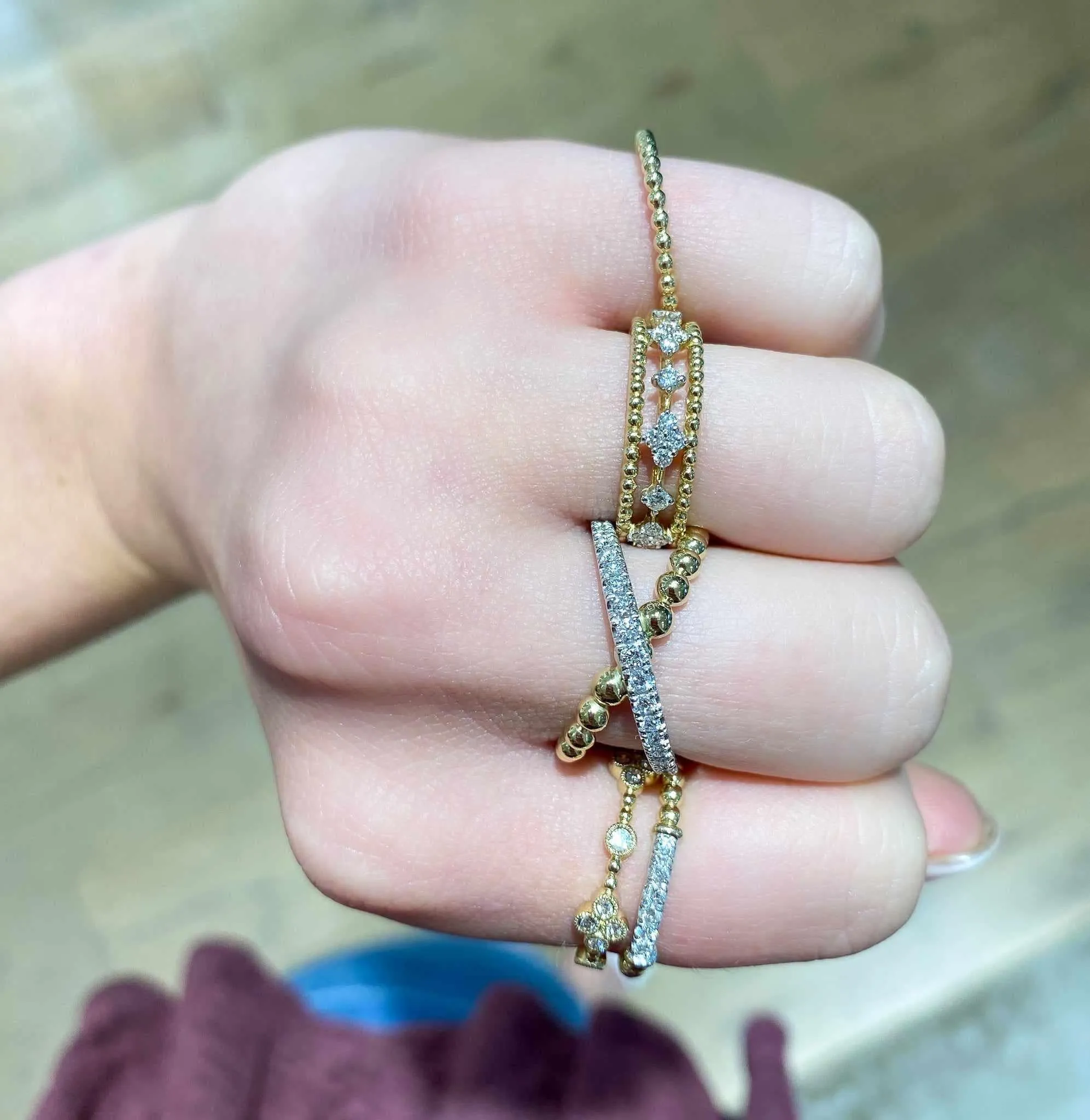 14K White-Yellow Gold Bujukan Diamond and Metal Bead Criss Cross Ring