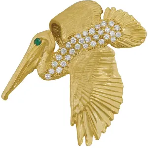 14k Yellow Gold Large Diamond Pelican Pendant with Emerald Eye, D=.62tw