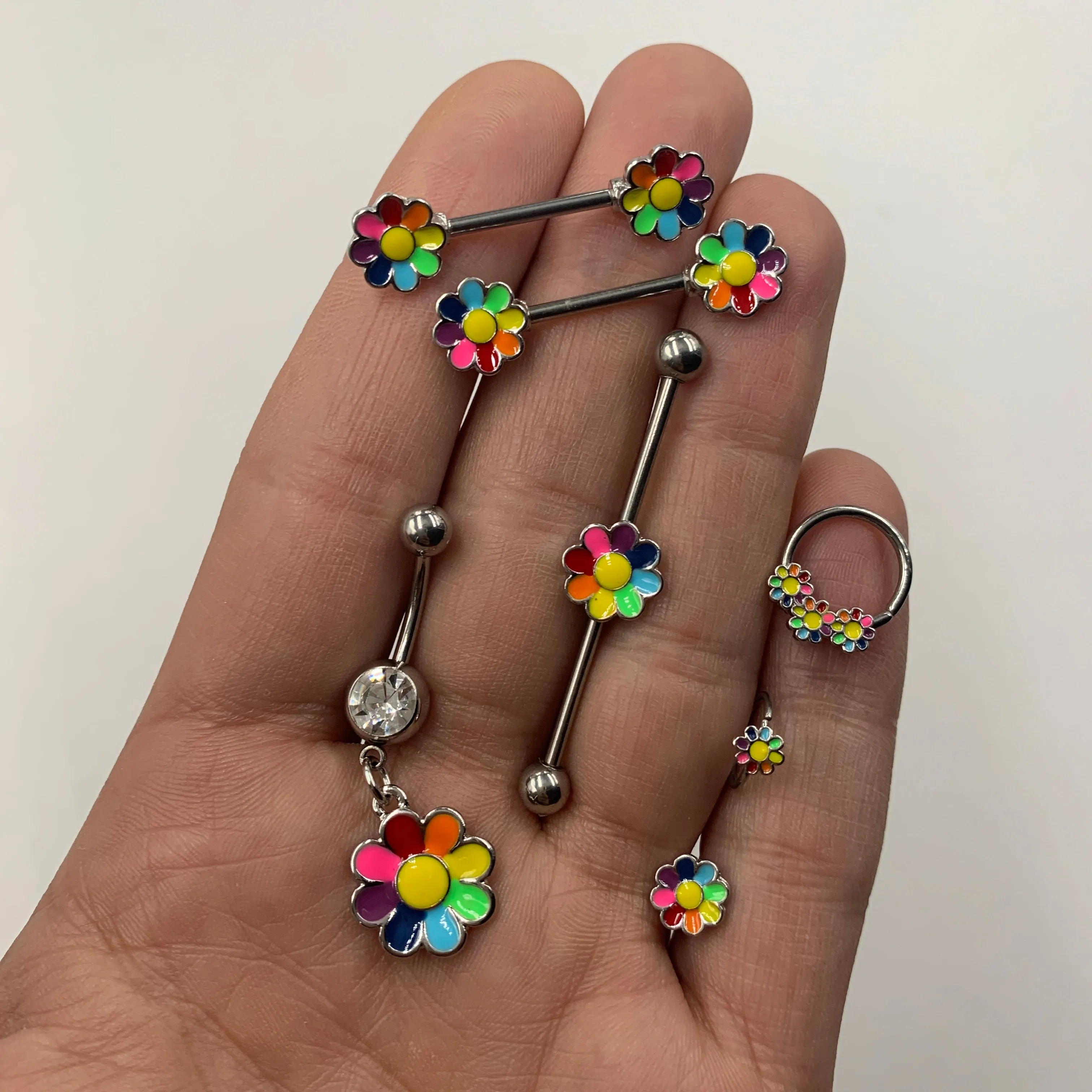 16 Gauge 5/16 Rainbow Hippie Flower Cartilage Labret Monroe Tragus