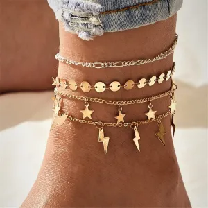 18K Gold-Plated Star & Lightning Station Anklet Set