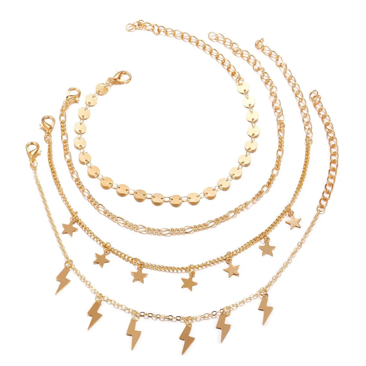 18K Gold-Plated Star & Lightning Station Anklet Set