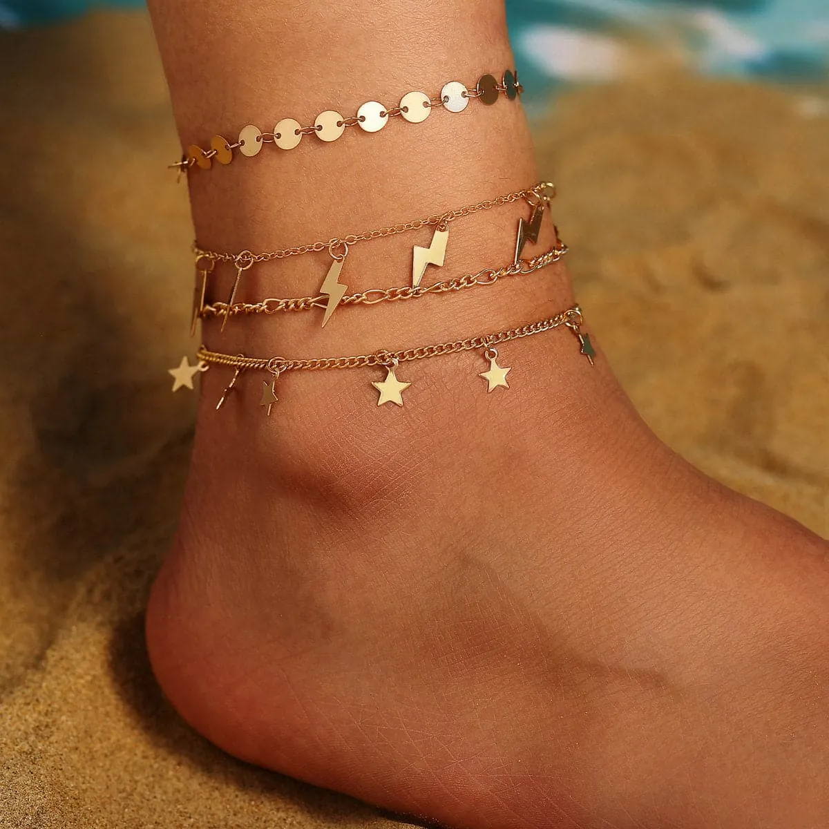 18K Gold-Plated Star & Lightning Station Anklet Set