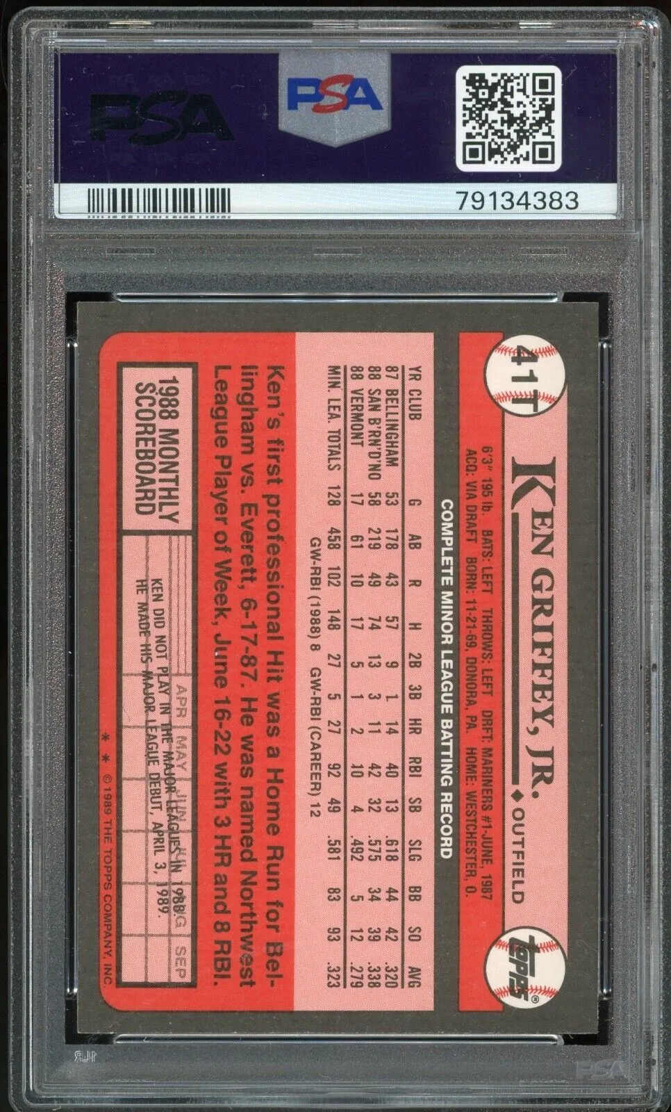 1989 Topps Traded #41T Ken Griffey Jr. RC On Card PSA/DNA 9/10 Auto MINT
