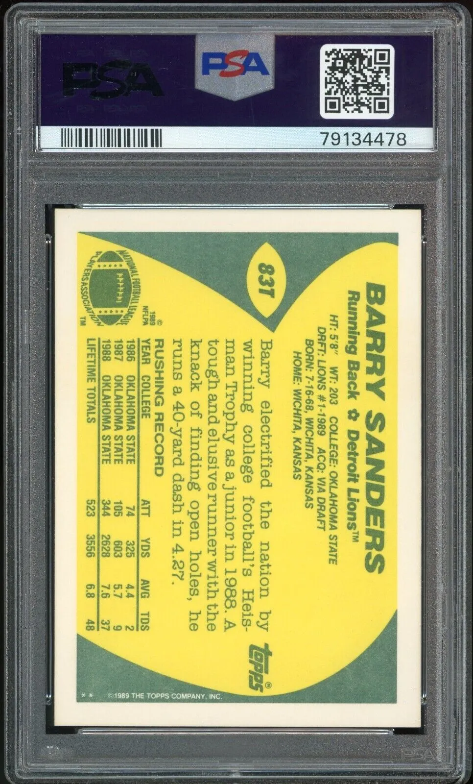 1989 Topps Traded #83T Barry Sanders RC Lions On Card PSA 10/10 Auto GEM MINT