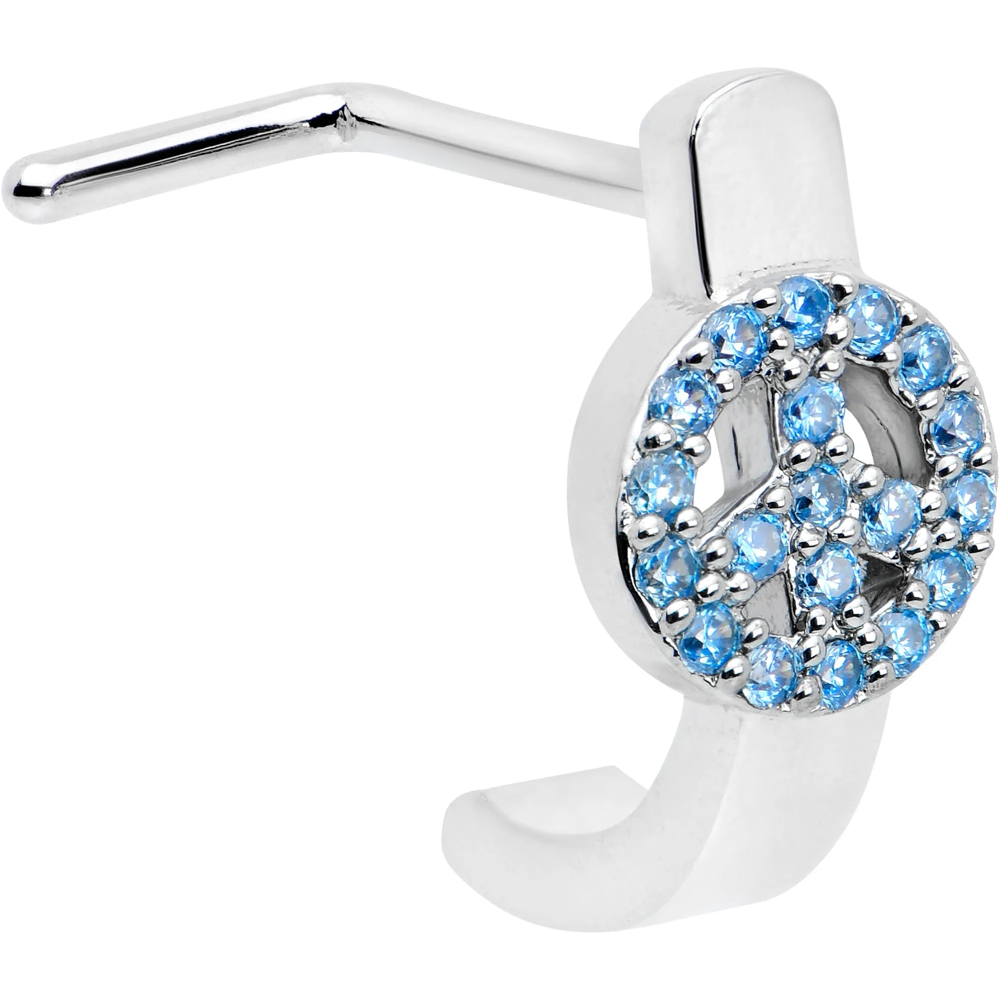 20 Gauge 5/16 Blue Gem Retro Peace Sign Faux Hoop L Shape Nose Ring