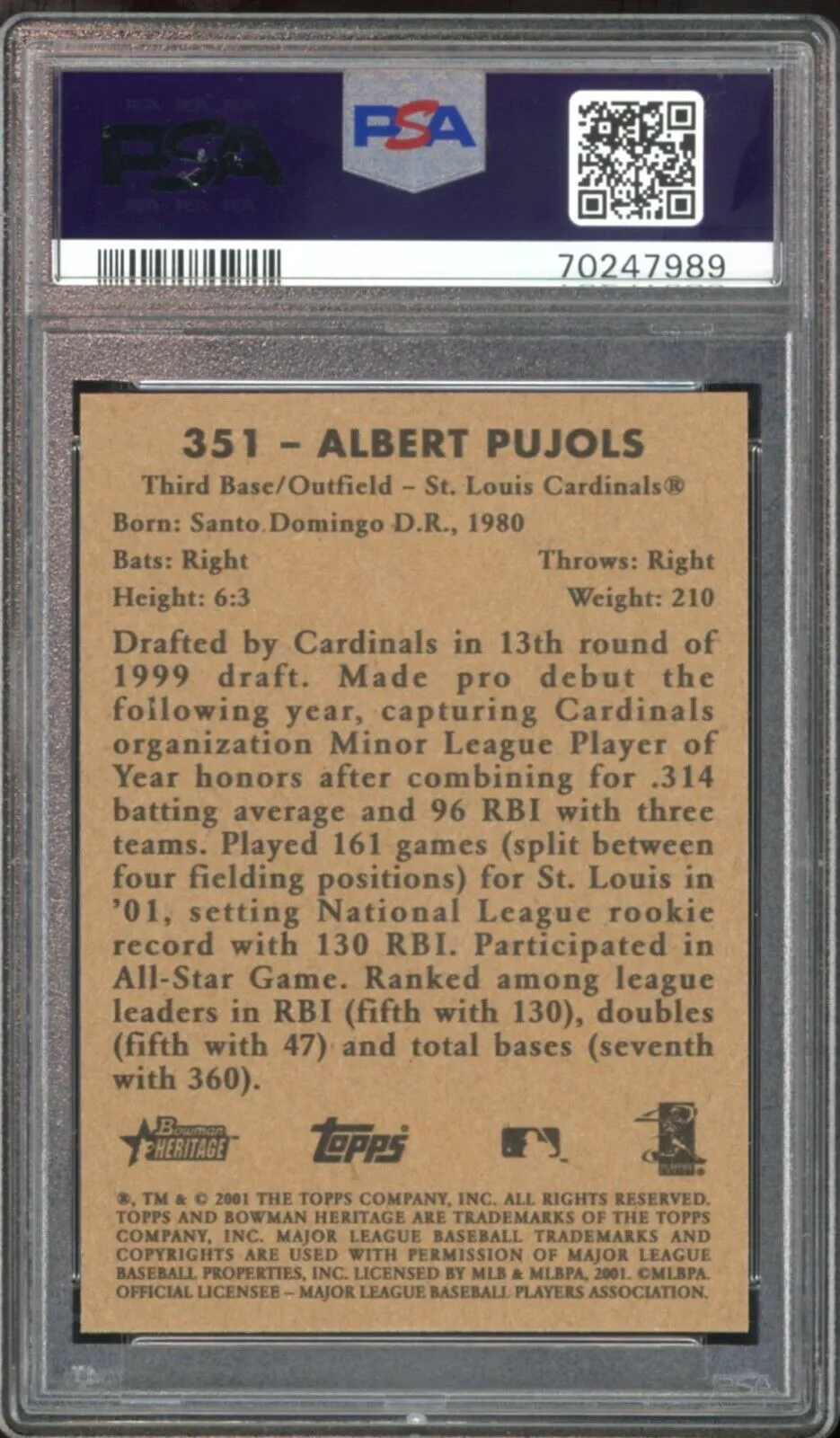 2001 Bowman Heritage #351 Albert Pujols RC On Card PSA 10/10 Auto GEM MINT POP 1
