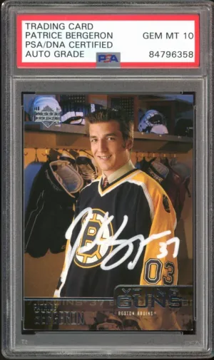 2003-04 UD Young Guns #204 Patrice Bergeron RC On Card PSA/DNA Auto GEM MINT 10