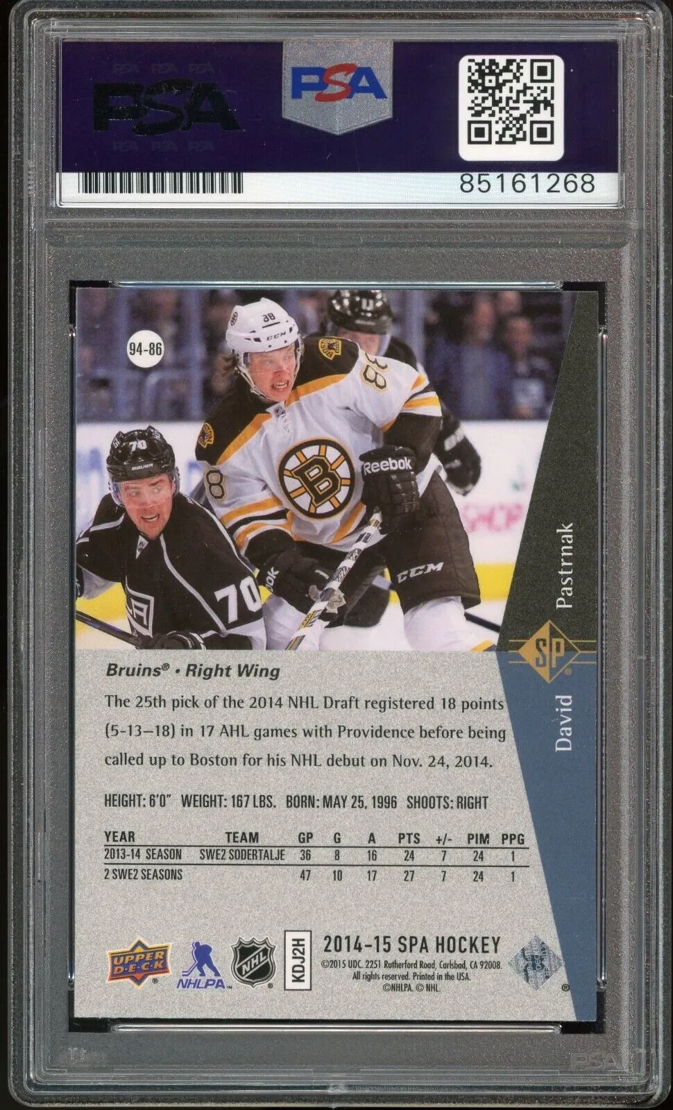 2014-15 SP Authentic #94-86 David Pastrnak RC On Card PSA/DNA Auto GEM MINT 10