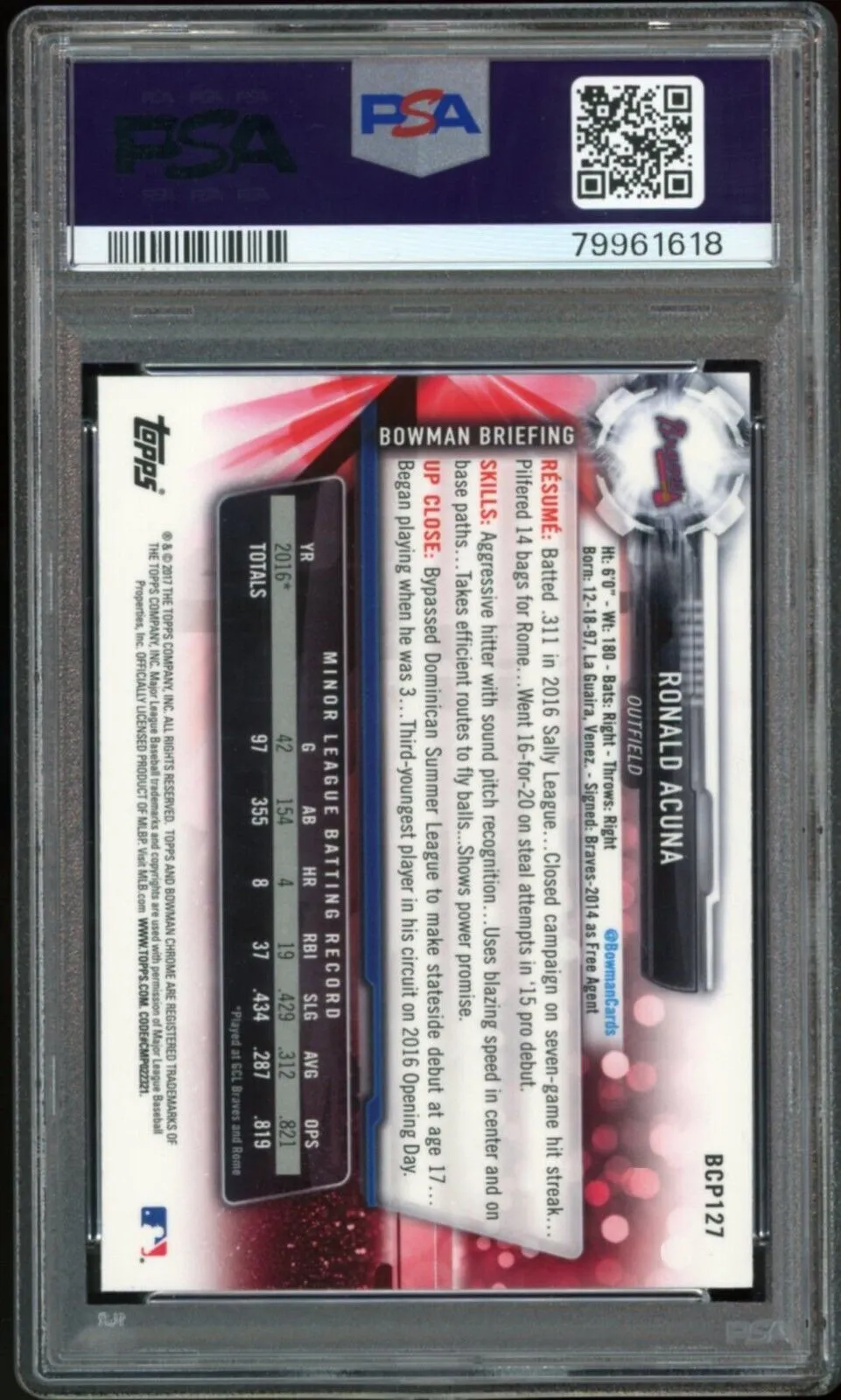 2017 Bowman Chrome #BCP127 Ronald Acuna Jr. RC On Card PSA 10/10 Auto GEM MINT