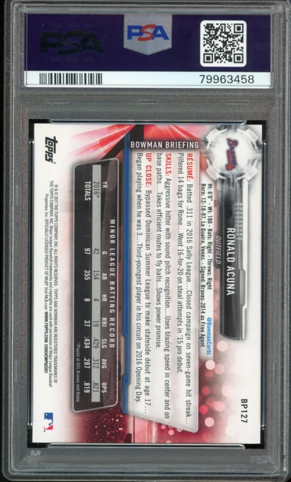 2017 Bowman Prospects #BP127 Ronald Acuna Jr. RC Rookie PSA 10/10 Auto GEM MINT