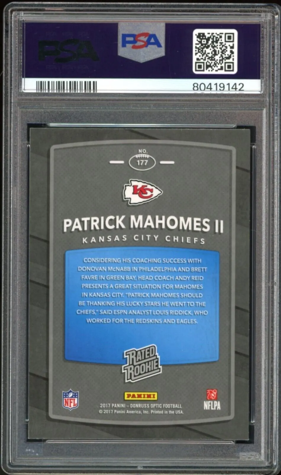 2017 Donruss Optic Rated Rookie Patrick Mahomes RC Blue Ink PSA 9/10 Auto