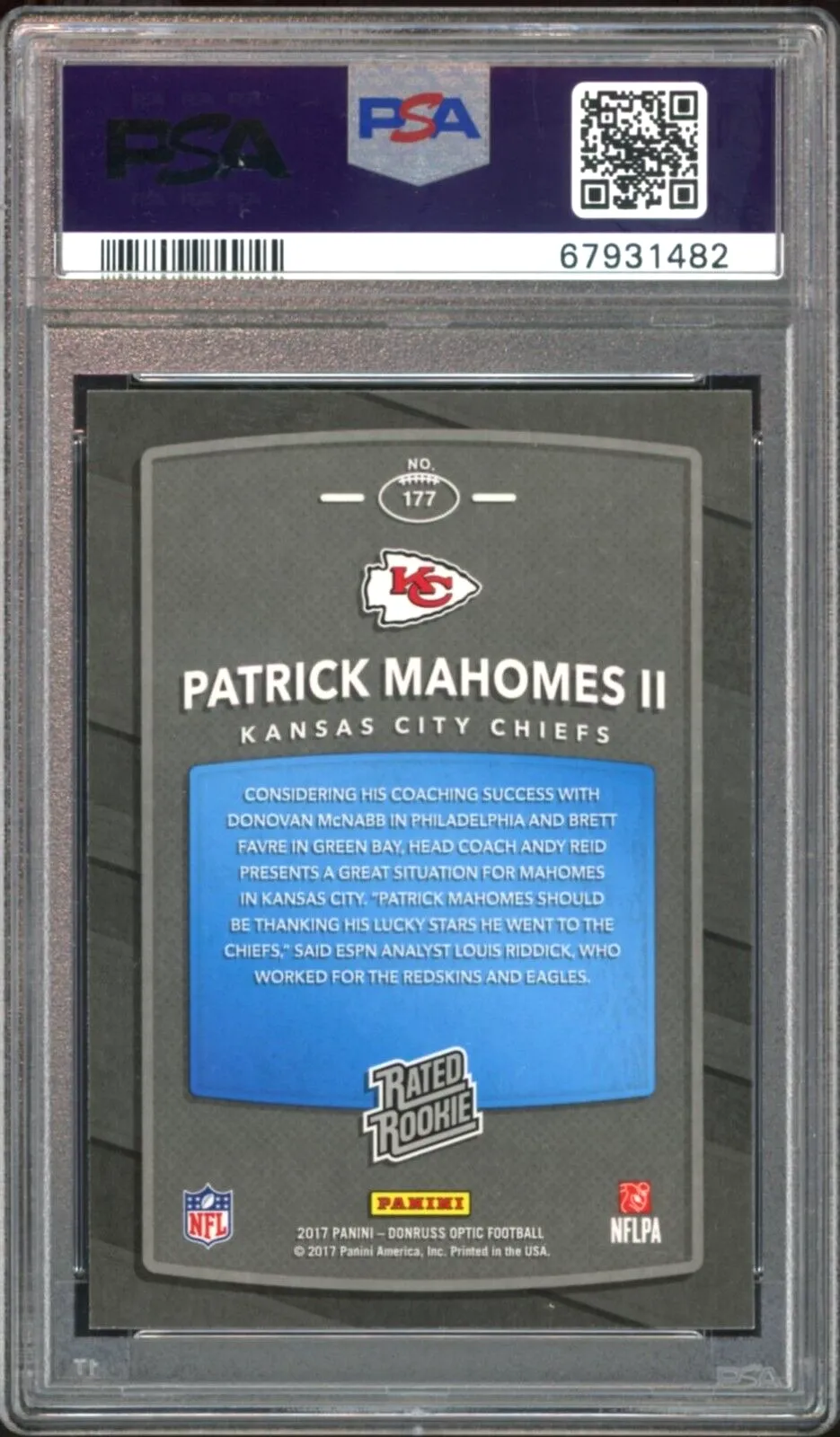 2017 Donruss Optic Rated Rookie Patrick Mahomes RC Red Ink PSA 9/10 Auto