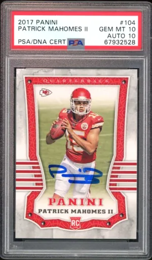 2017 Panini #104 Patrick Mahomes RC Rookie On Card PSA 10/10 Auto POP 1 Chiefs