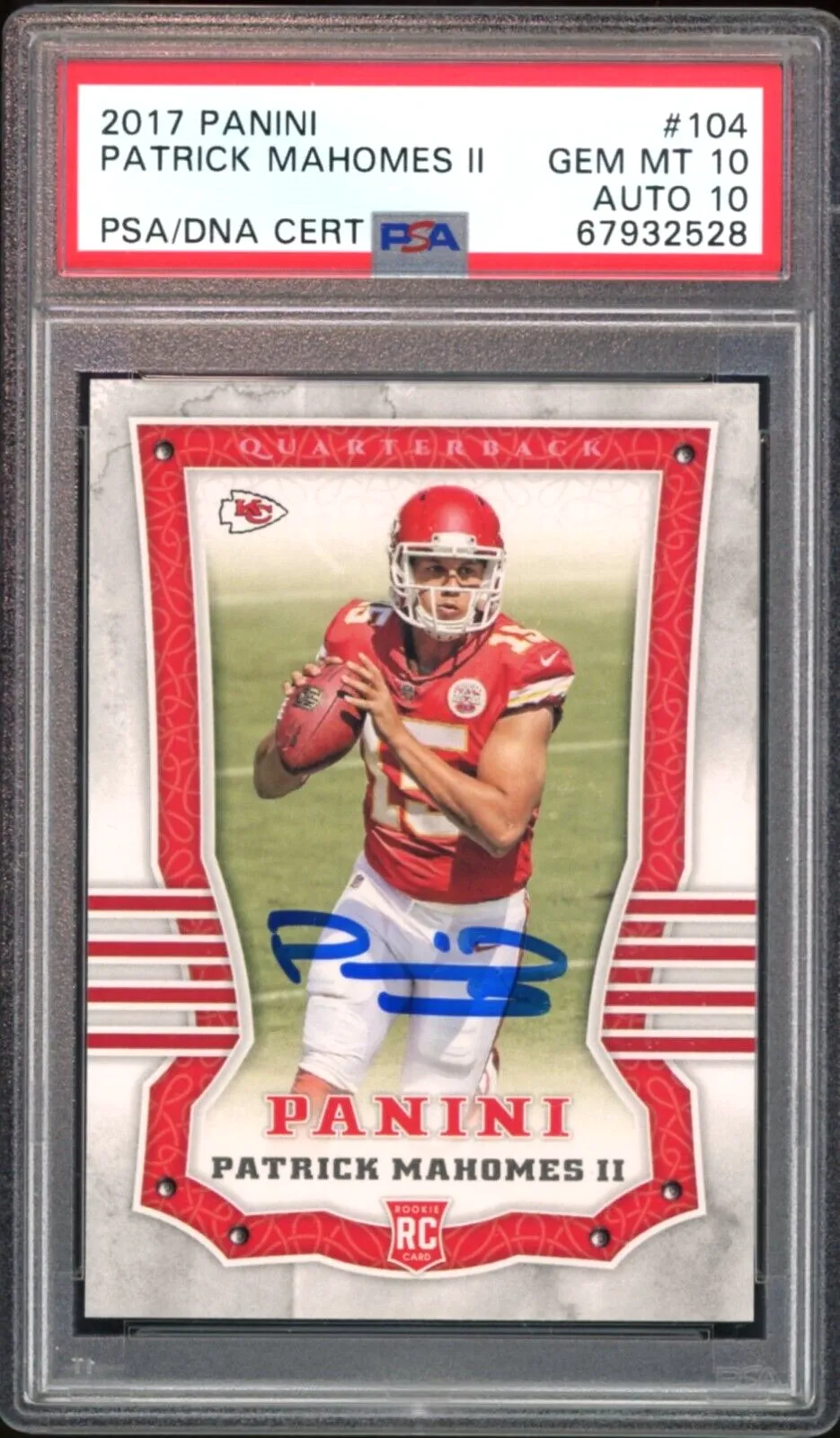 2017 Panini #104 Patrick Mahomes RC Rookie On Card PSA 10/10 Auto POP 1 Chiefs