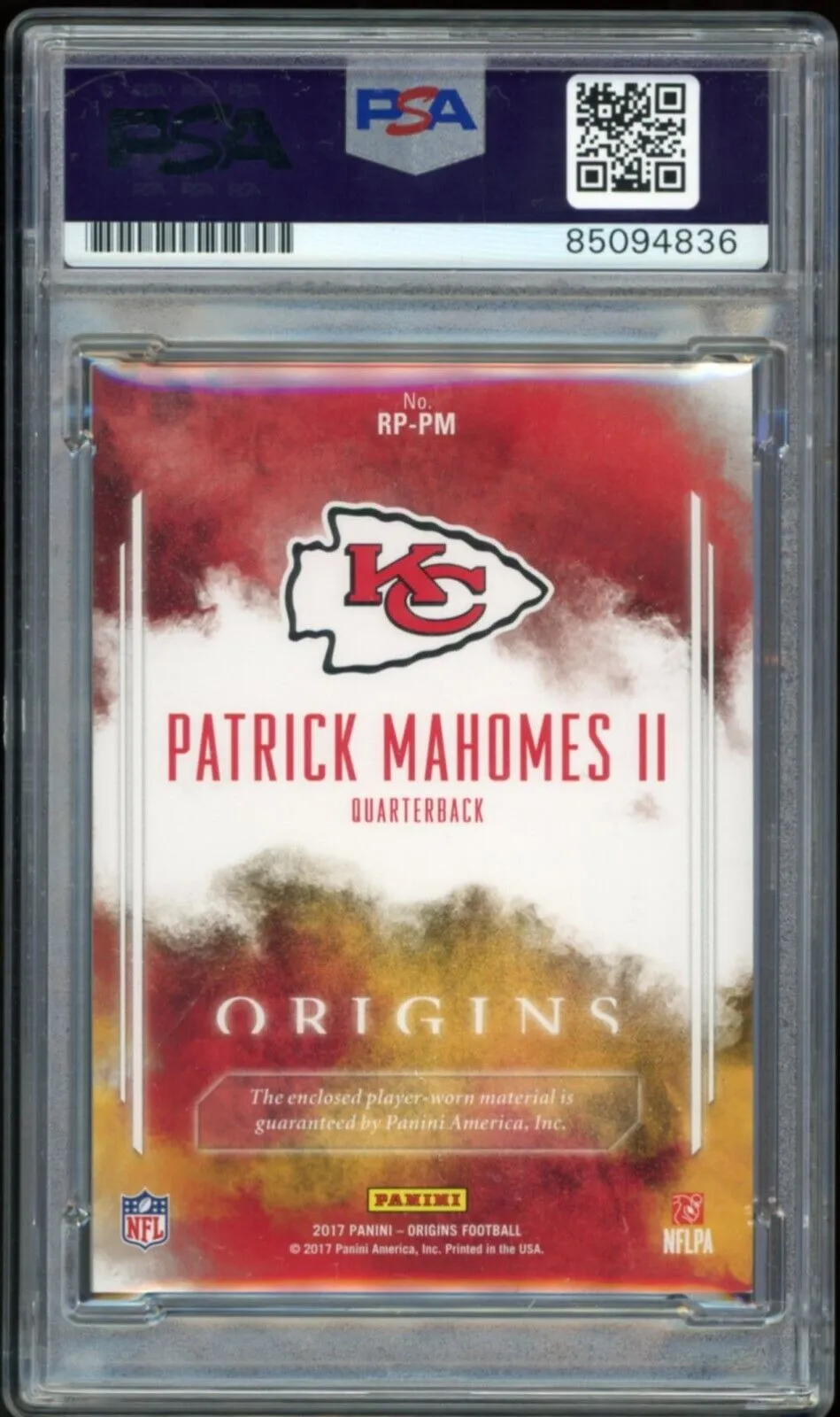 2017 Panini Origins #'d Jersey Patch Patrick Mahomes RC PSA/DNA Auto GEM MINT 10