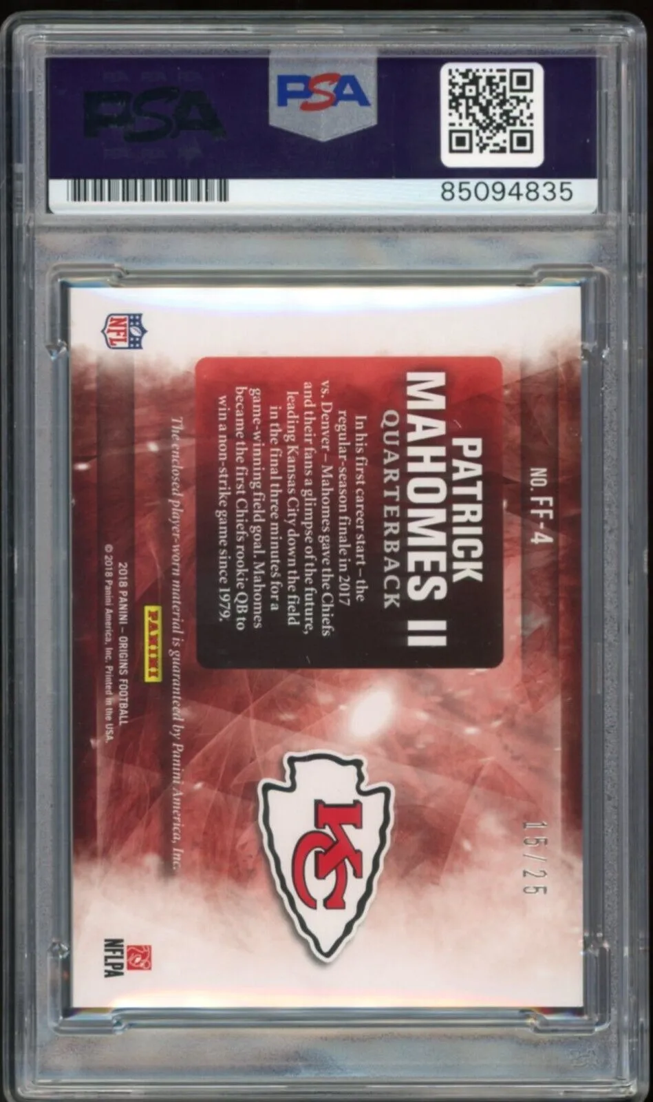 2018 Panini Origins Fabrics Jersey #FF4 Patrick Mahomes PSA/DNA Auto GEM MINT 10