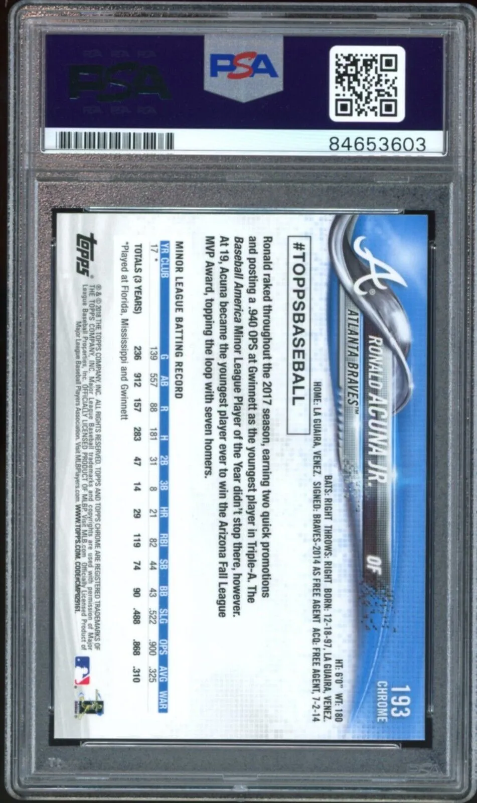 2018 Topps Chrome #193 Ronald Acuna Jr. RC Rookie PSA/DNA Auto Authentic