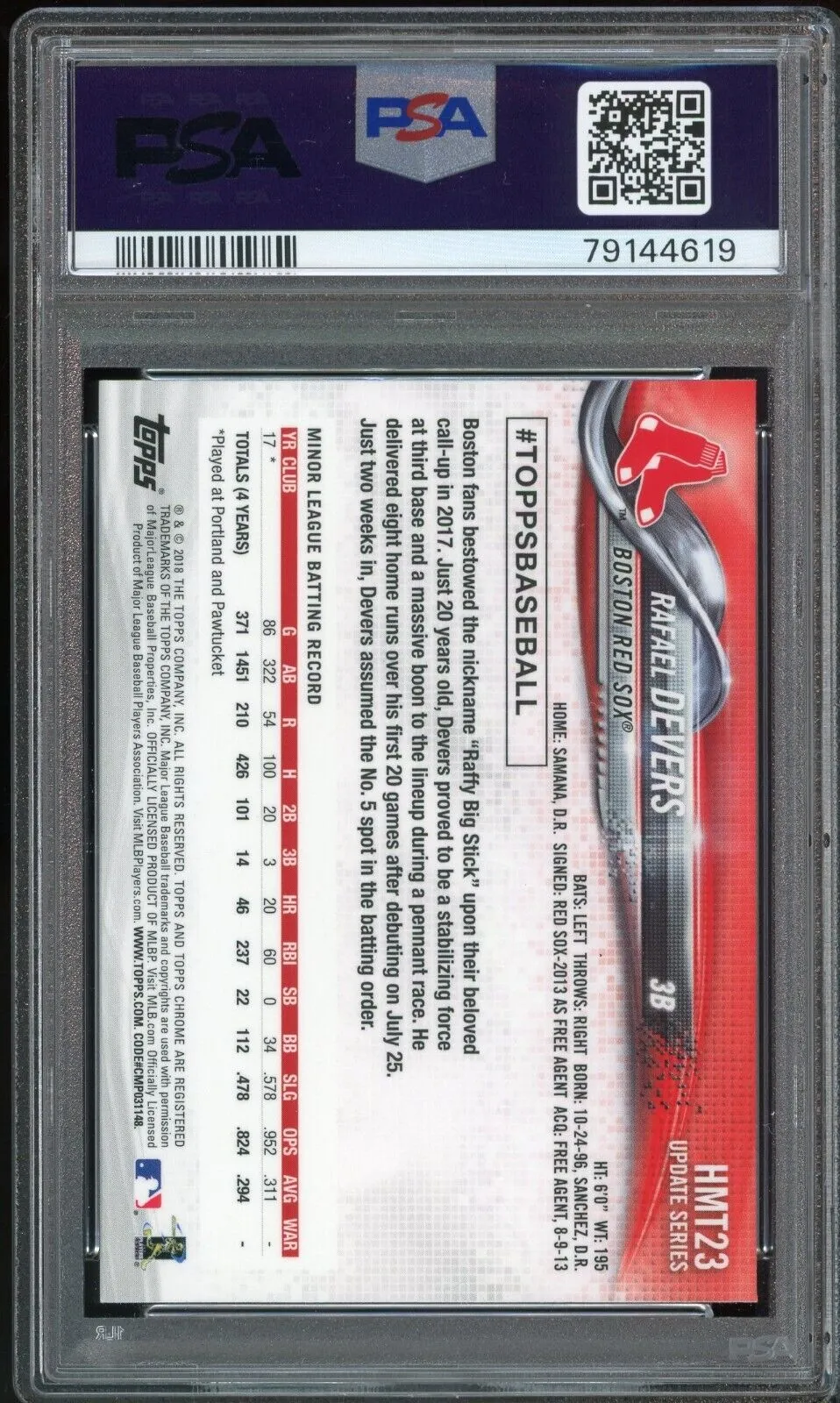 2018 Topps Chrome Update #HMT23 Rafael Devers RC On Card PSA 10/10 Auto GEM MINT