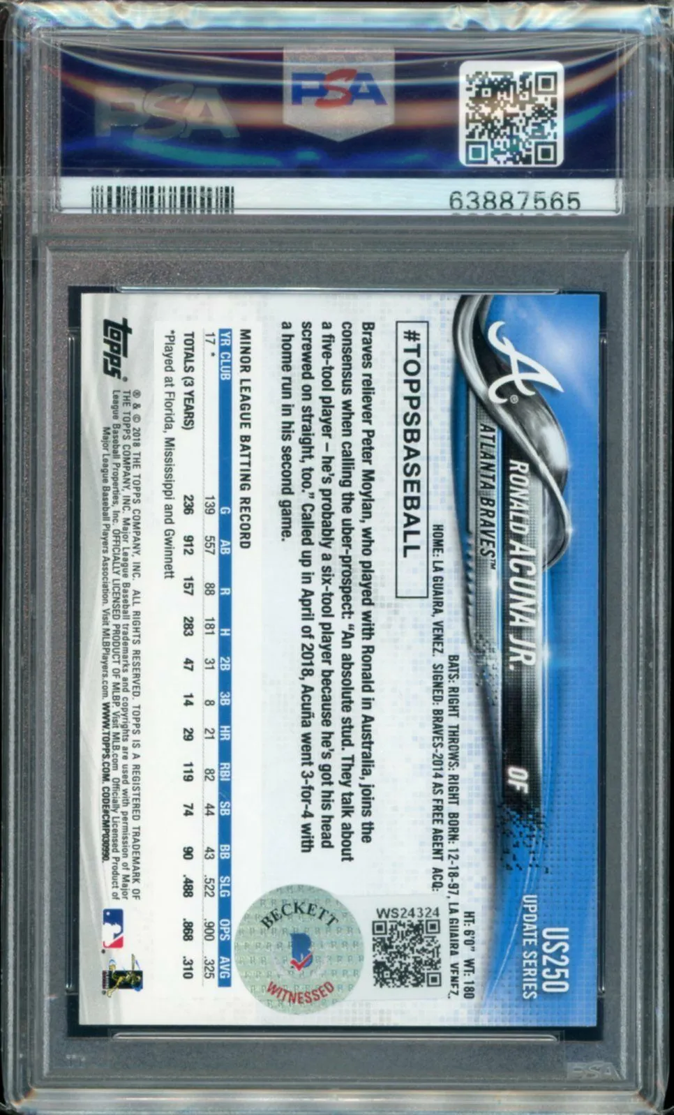 2018 Topps Update #US250 Ronald Acuna Jr. RC Rookie PSA 10/10 Auto Gem Mint