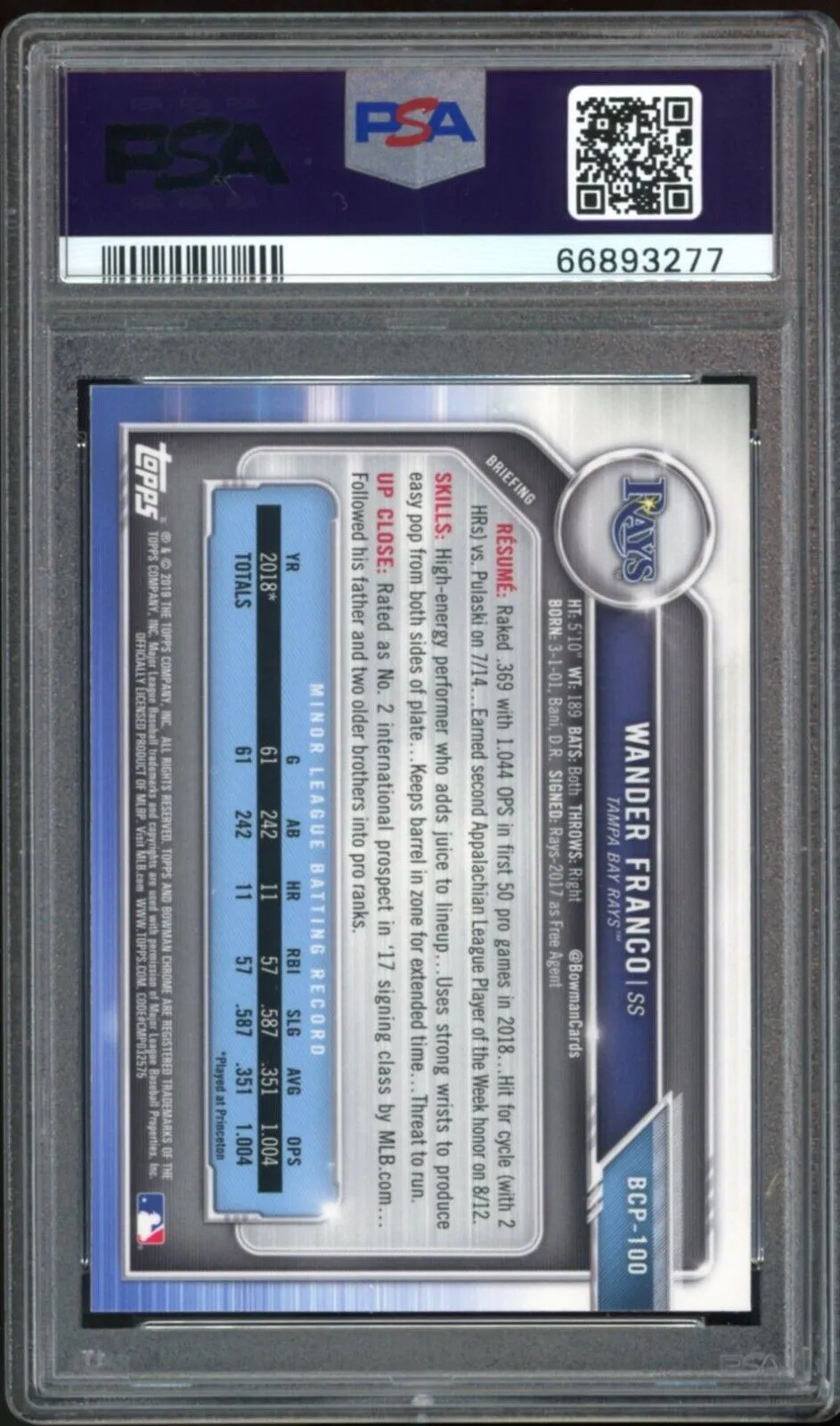 2019 Bowman Chrome Prospects #BCP100 Wander Franco RC Rays PSA GEM MINT 10