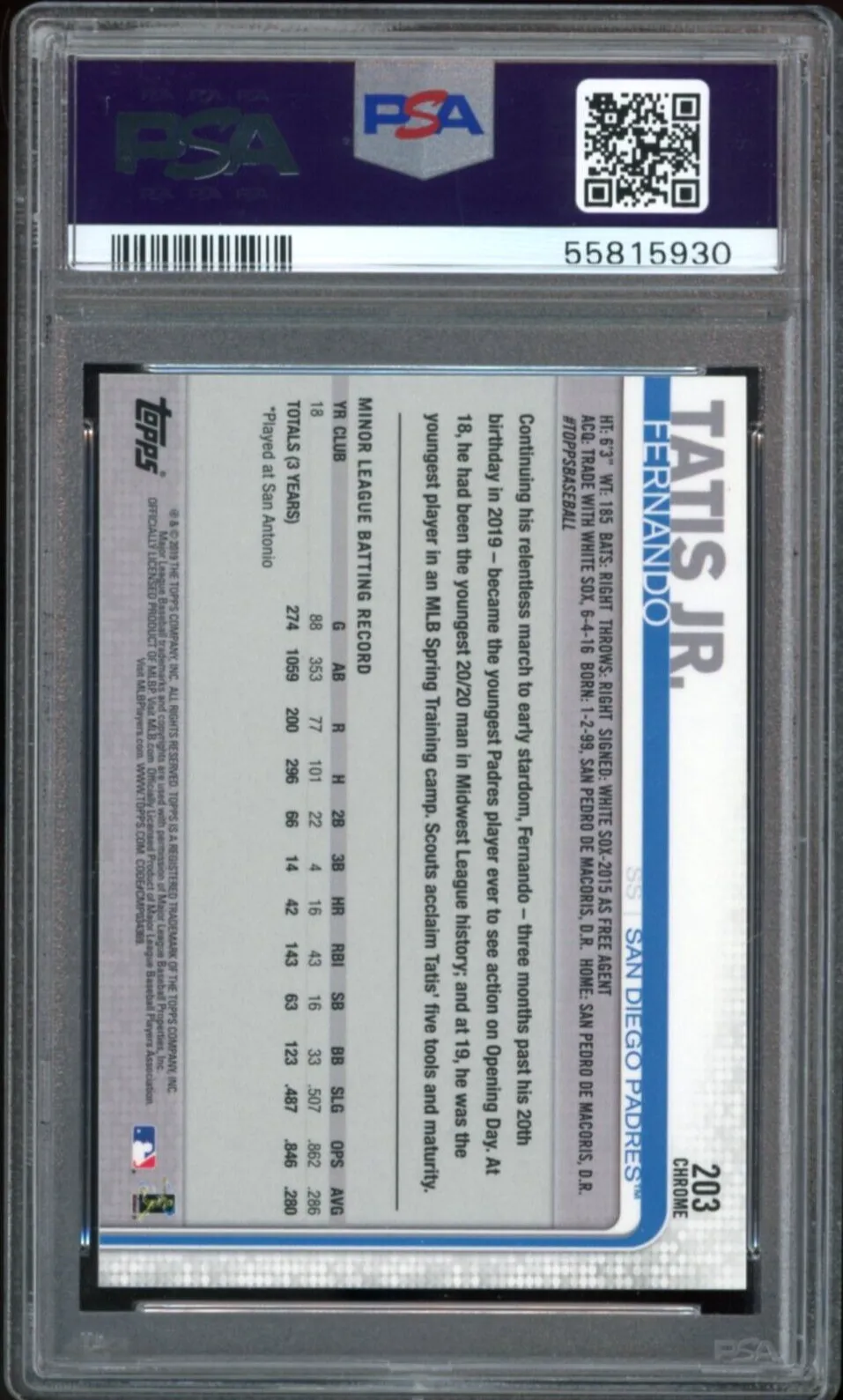 2019 Topps Chrome #203 Fernando Tatis Jr. RC Rookie Padres PSA 10 GEM MINT