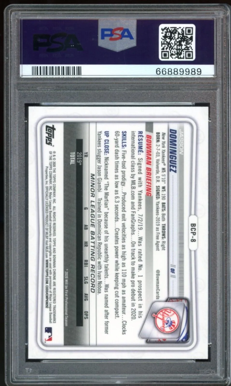 2020 Bowman Chrome #BCP8 Jasson Dominguez RC Rookie Yankees PSA 10 GEM MINT