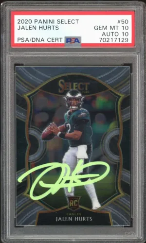 2020 Panini Select #50 Jalen Hurts RC On Card Green Ink PSA 10/10 Auto GEM MINT