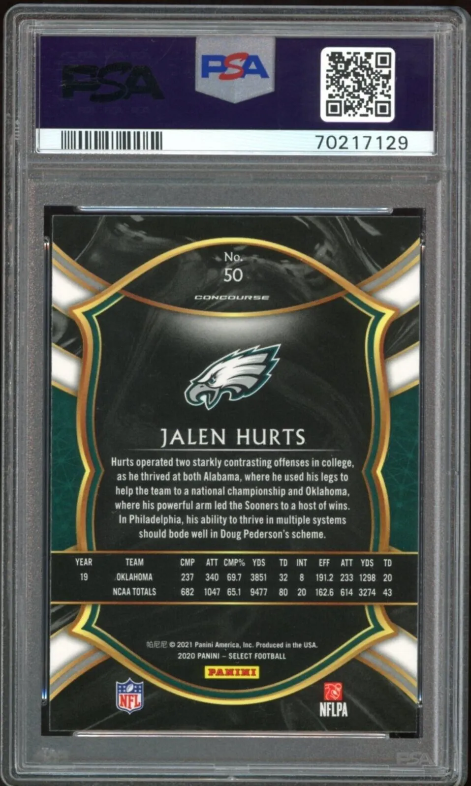 2020 Panini Select #50 Jalen Hurts RC On Card Green Ink PSA 10/10 Auto GEM MINT