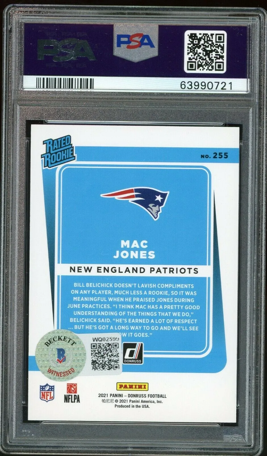 2021 Panini Donruss Rated Rookie #255 Mac Jones RC Patriots PSA 10/10 Auto BAS