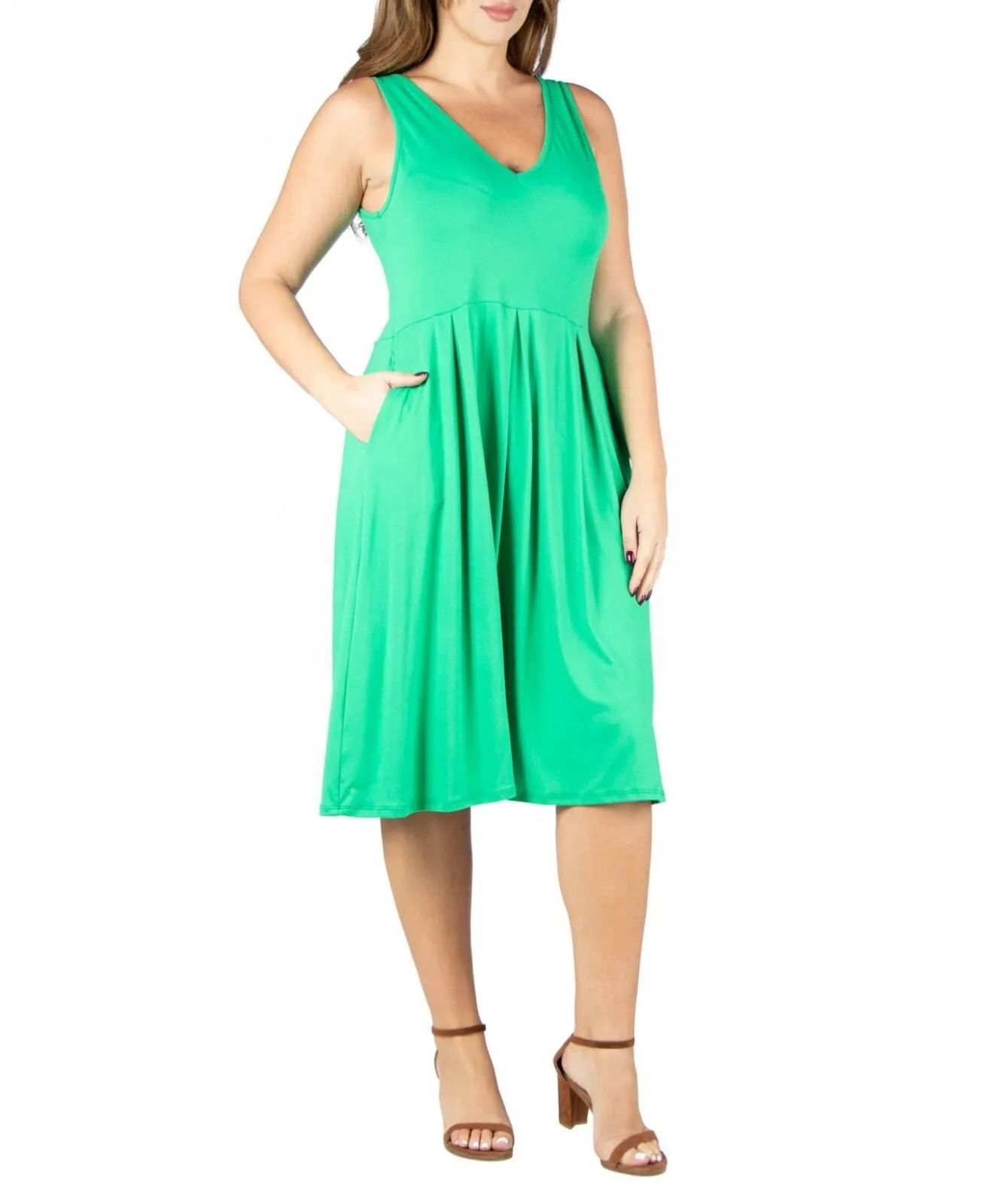 24seven Comfort Apparel Plus Size Midi Fit and Flare Pocket Dress P0206181