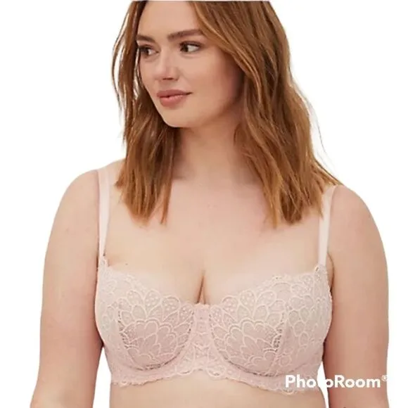 38DD Torrid Pink Lace Balconette Bra Unlined Retro Peacock Straight Back Underwi