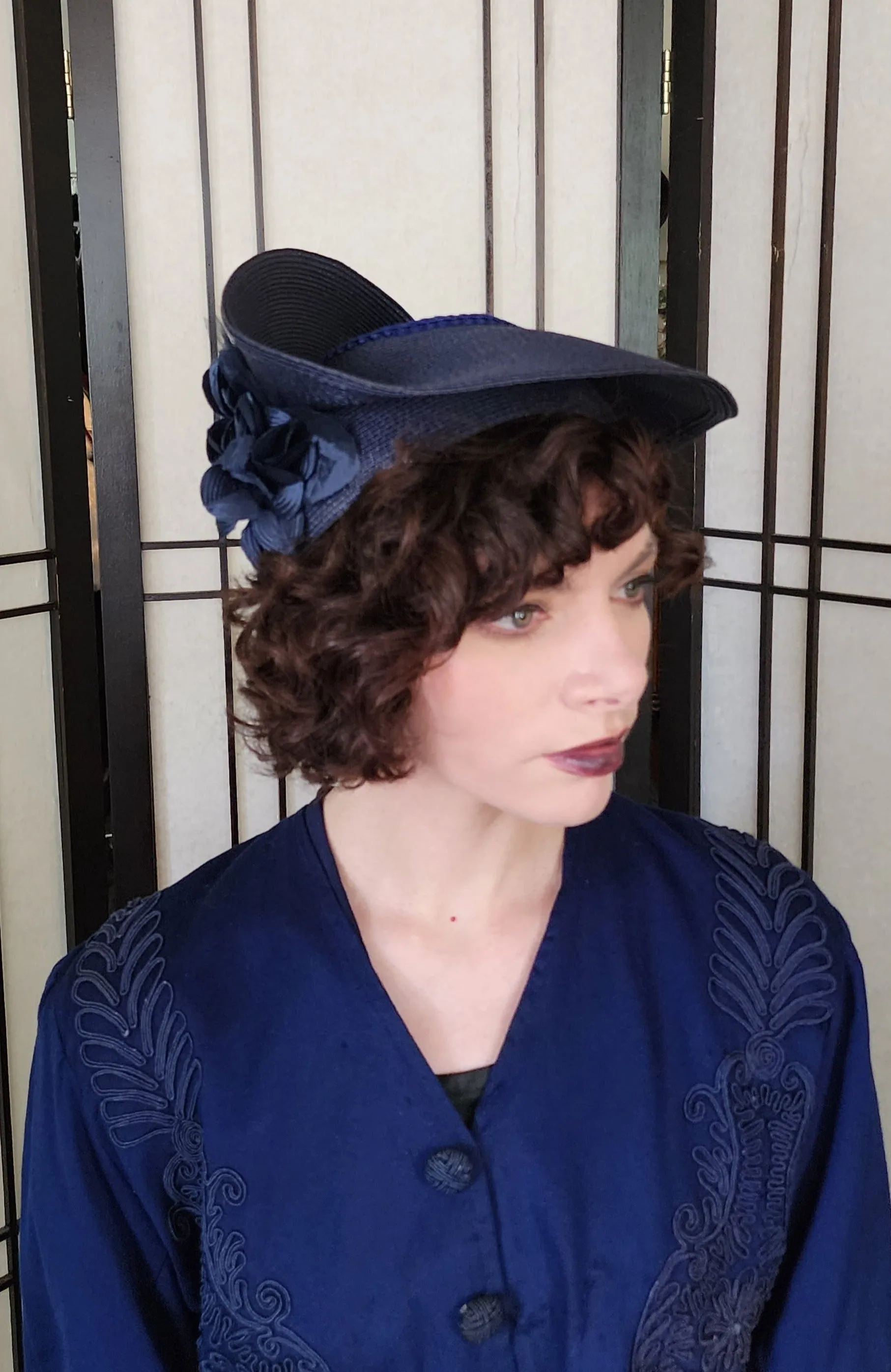 80s Does 30s Navy Blue Straw Hat Asymmetrical Modernist