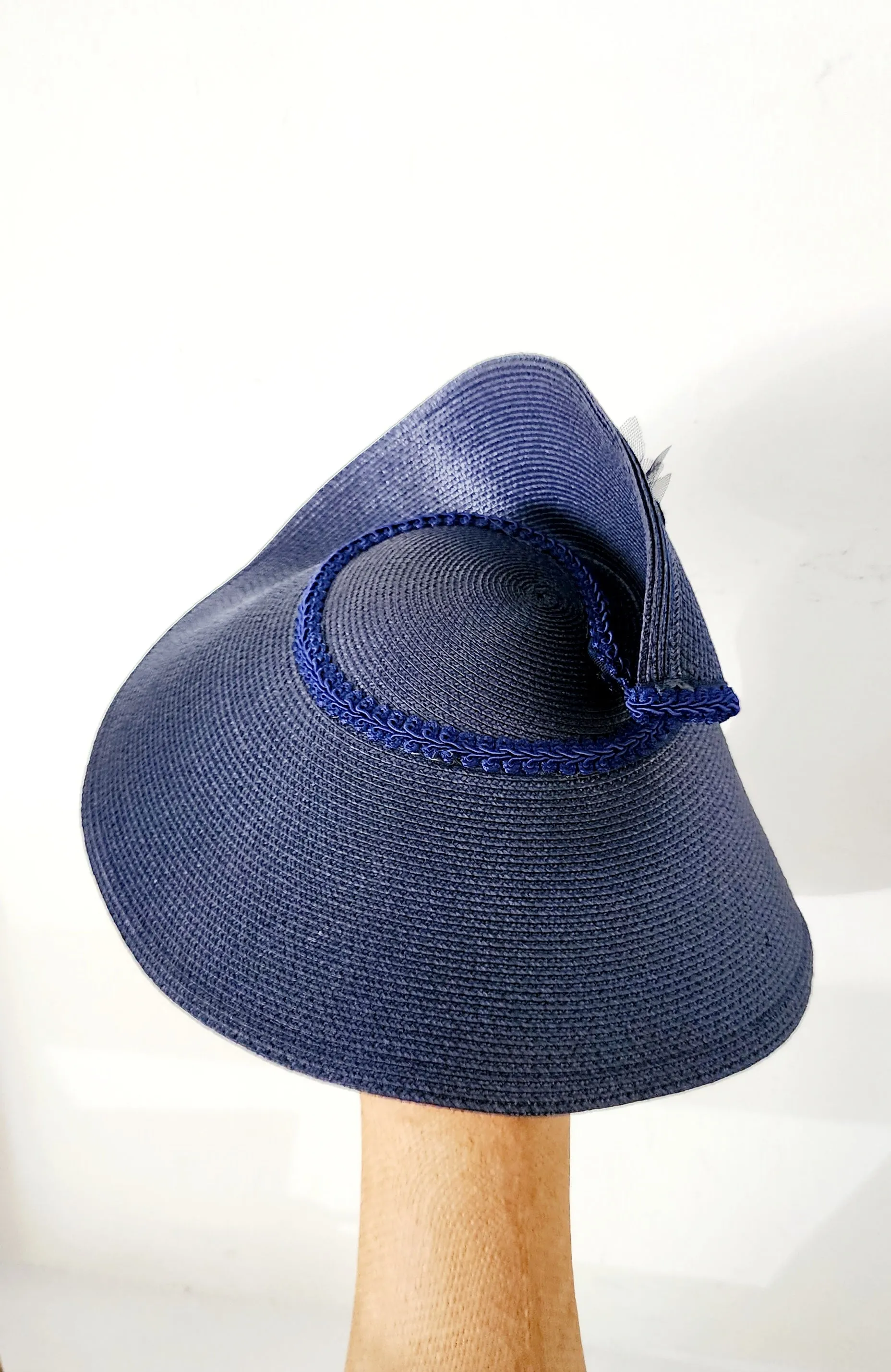 80s Does 30s Navy Blue Straw Hat Asymmetrical Modernist