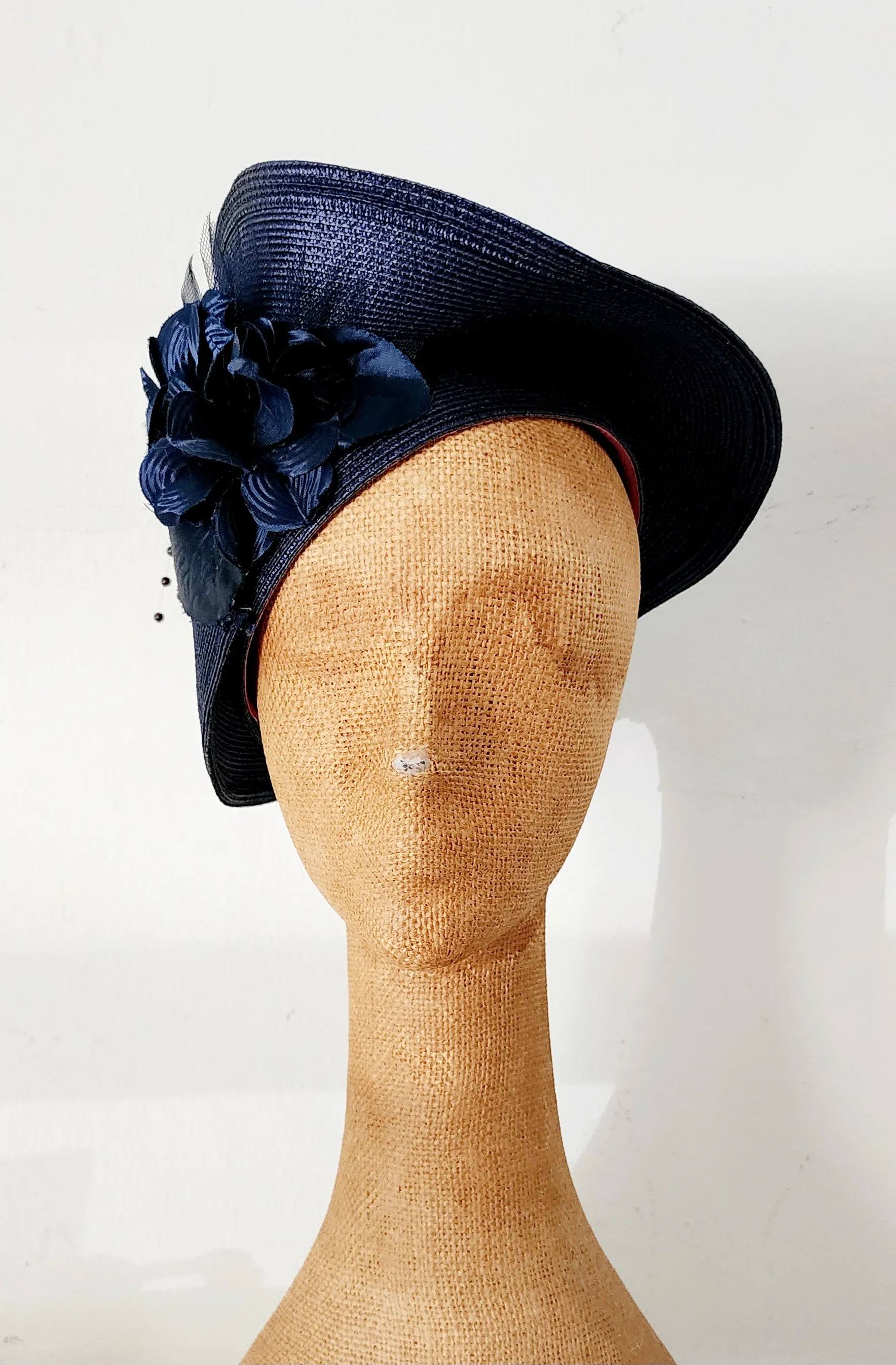 80s Does 30s Navy Blue Straw Hat Asymmetrical Modernist