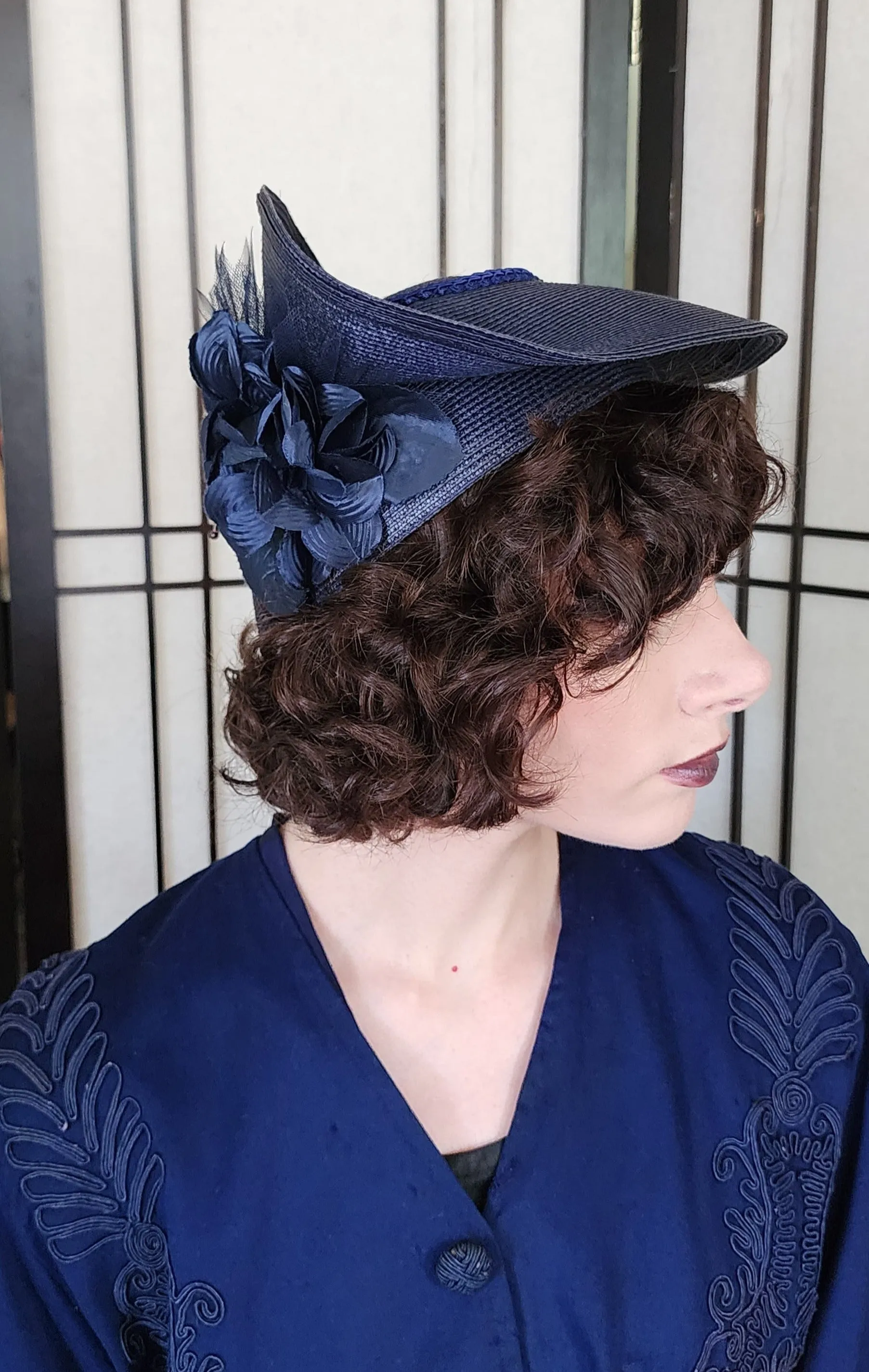 80s Does 30s Navy Blue Straw Hat Asymmetrical Modernist