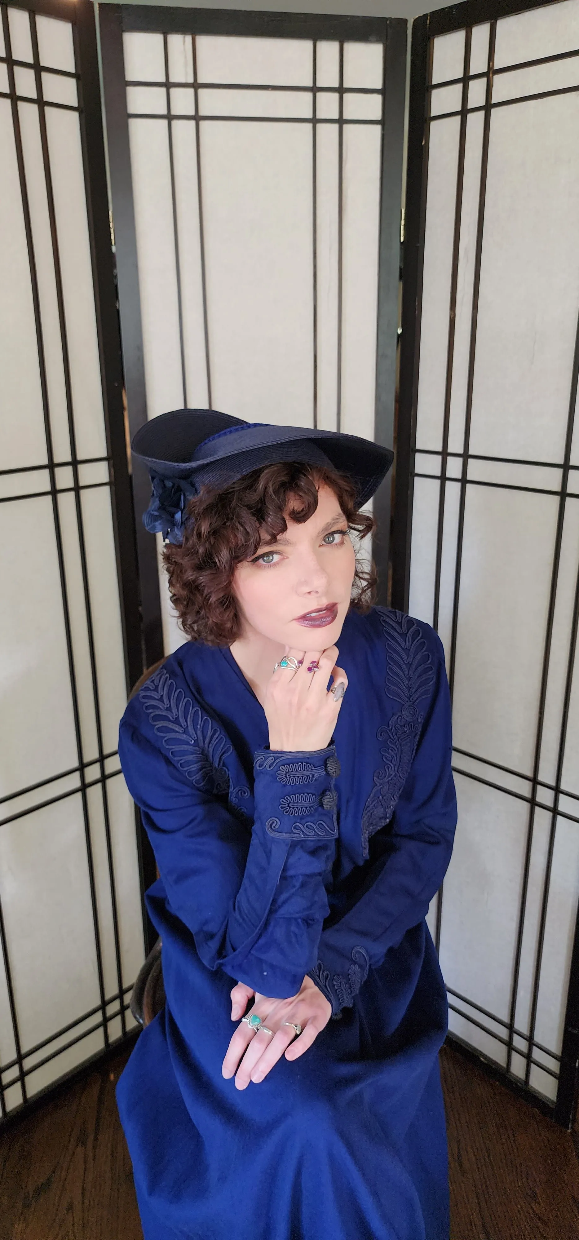 80s Does 30s Navy Blue Straw Hat Asymmetrical Modernist
