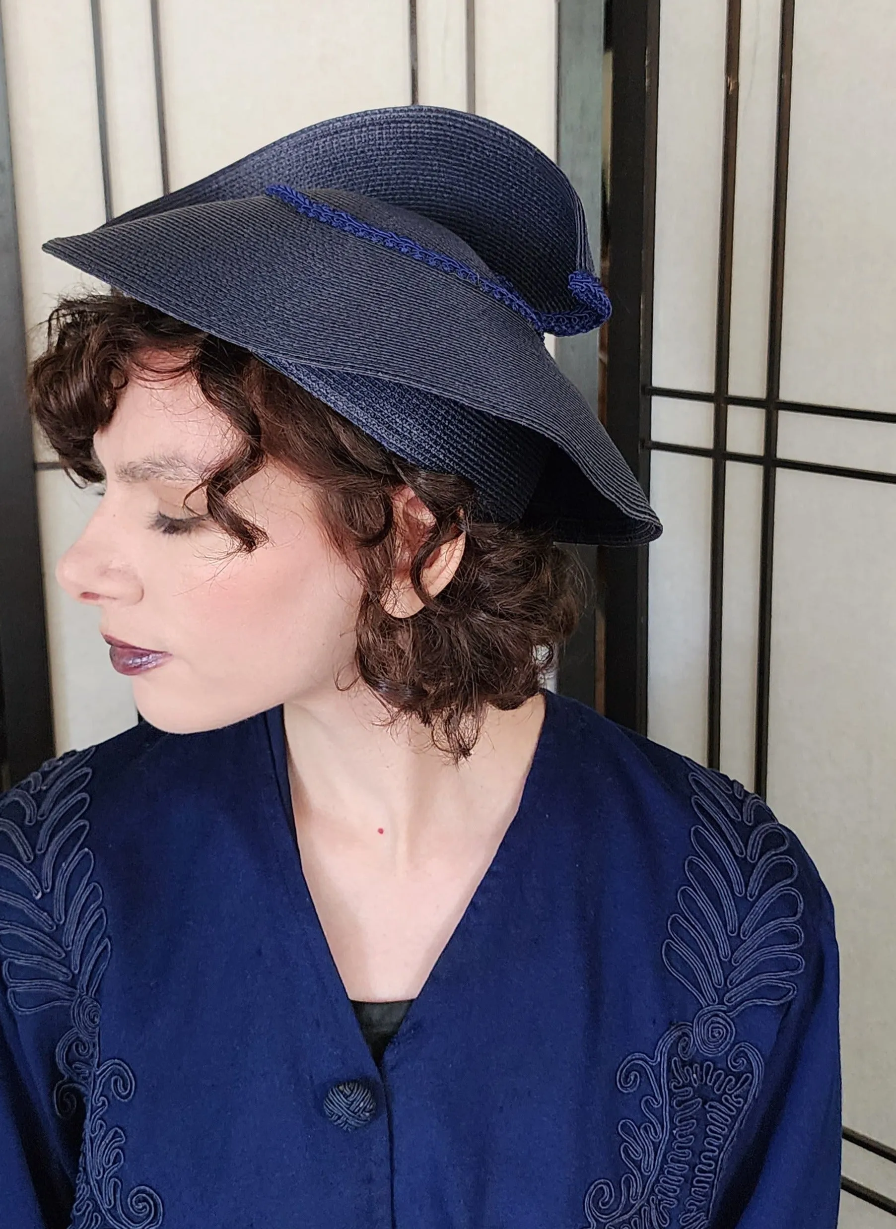 80s Does 30s Navy Blue Straw Hat Asymmetrical Modernist