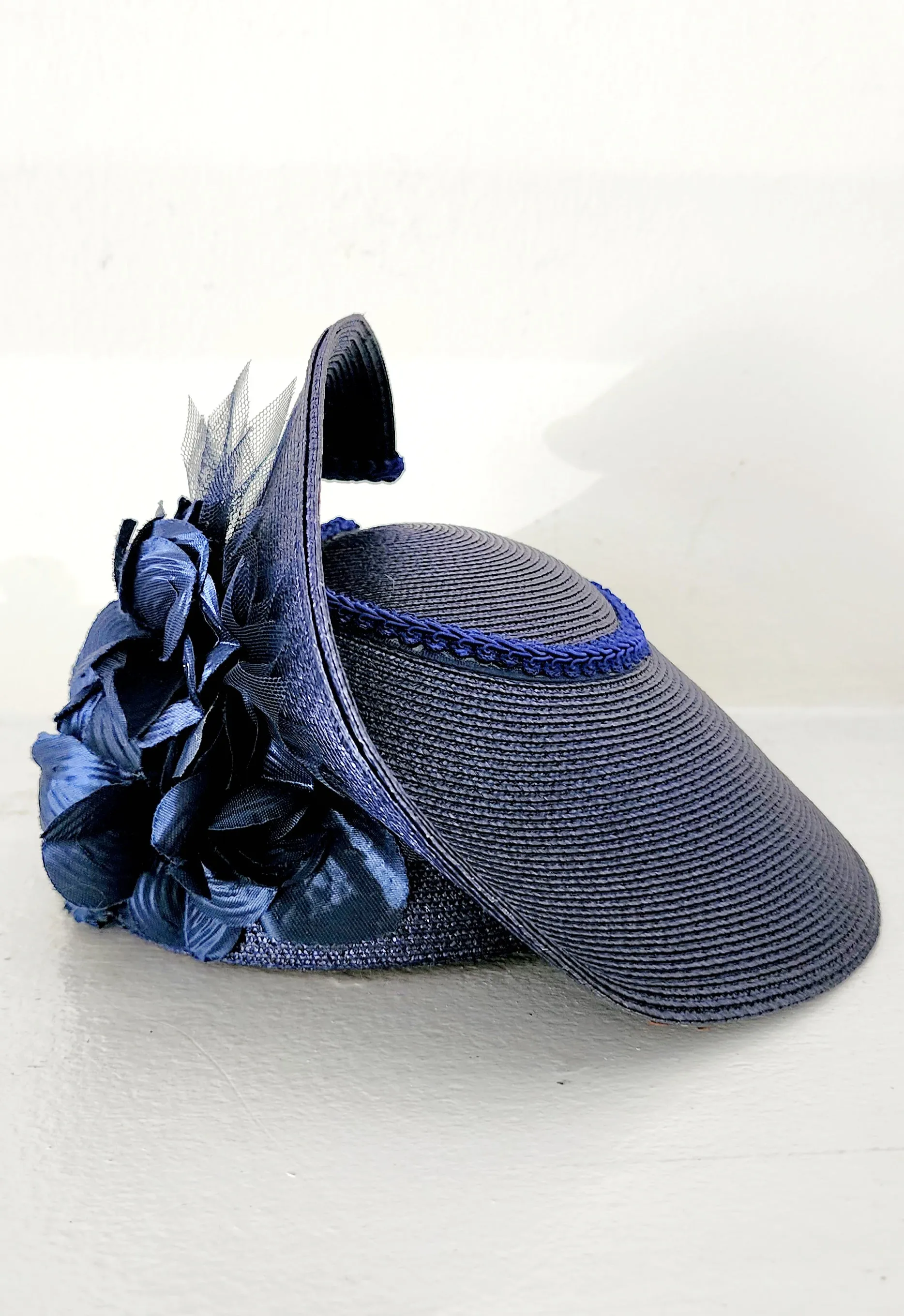 80s Does 30s Navy Blue Straw Hat Asymmetrical Modernist
